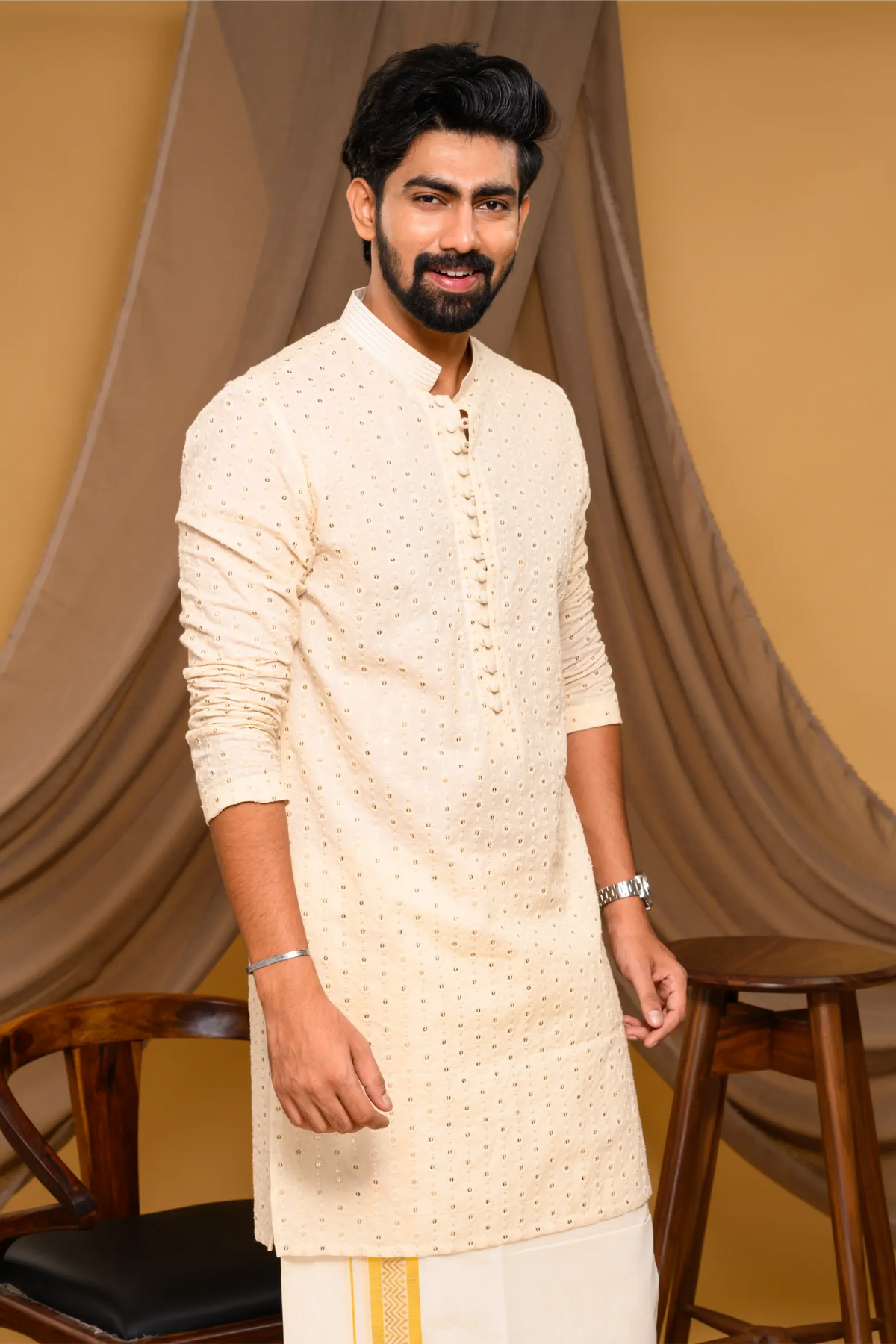 Off White Chikankari Kurta with small Golden Buta design (Kurta + Munde + Melmunde)