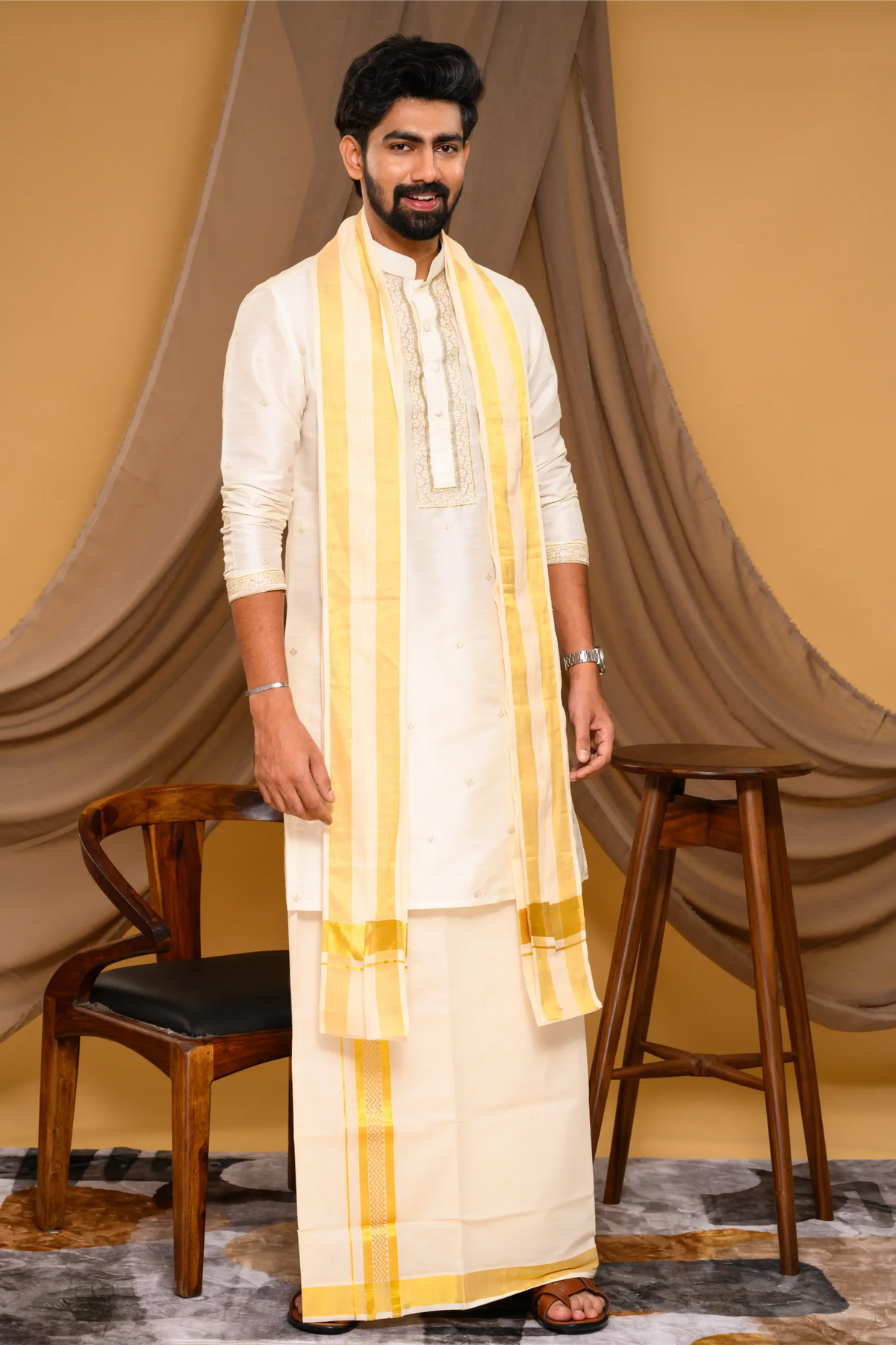 Off- White Silk Kurta with Hand Embroidery detailing on placket, neck border & sleeve edge - floral body spread work (Kurta)
