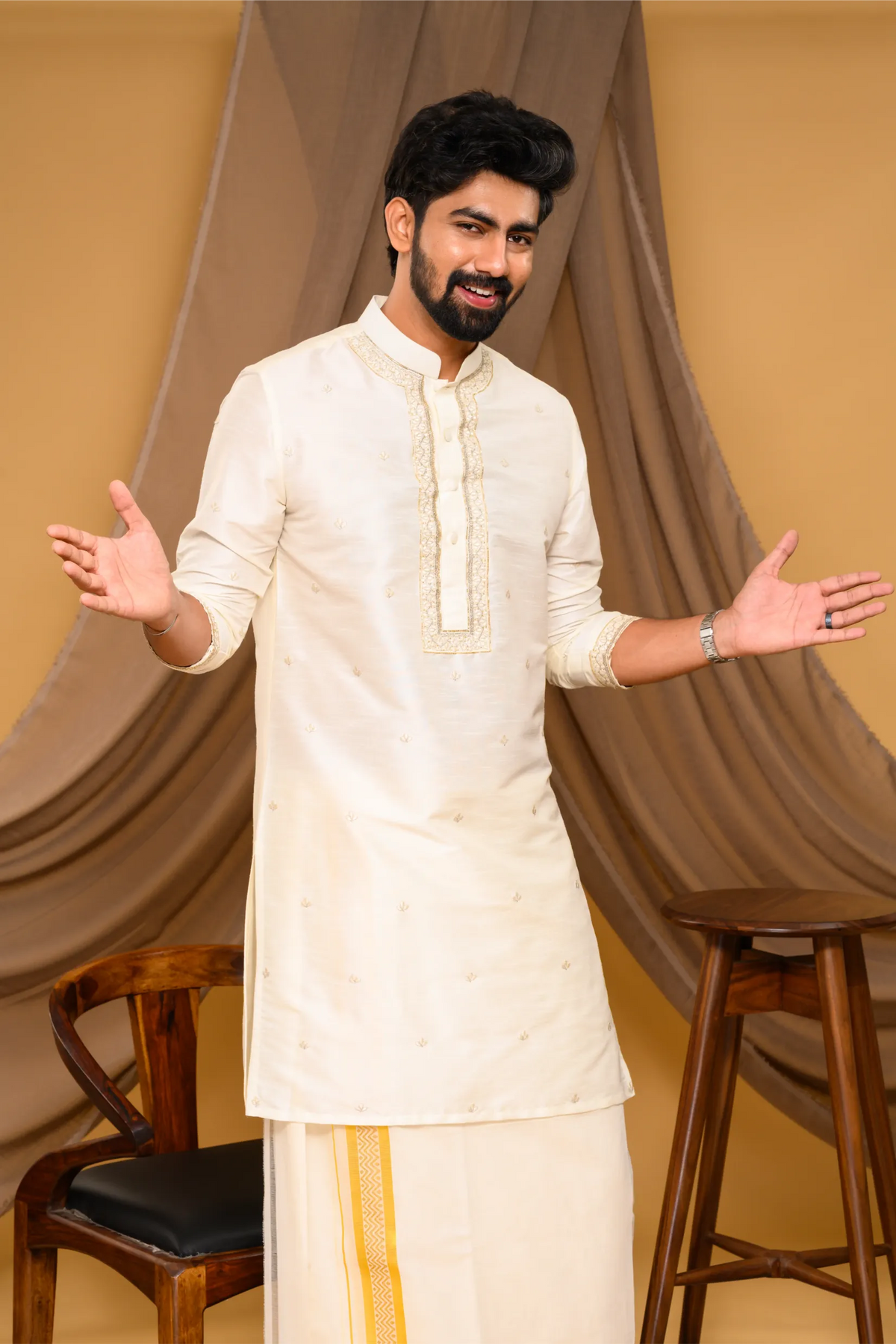 Off- White Silk Kurta with Hand Embroidery detailing on placket, neck border & sleeve edge - floral body spread work (Kurta + Munde + Melmunde)