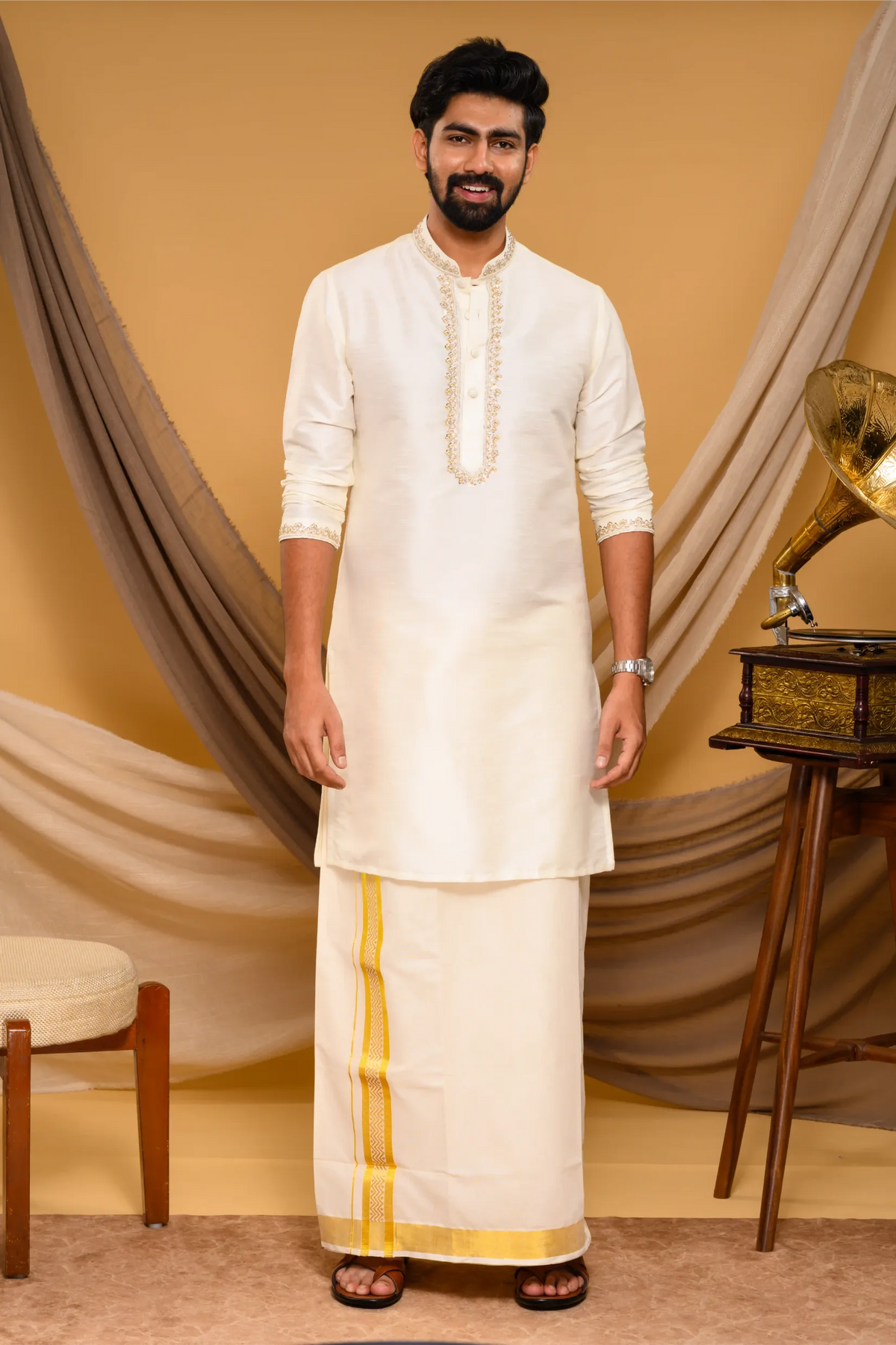 Off- White Silk Kurta with Hand Embroidery detailing on Neck, placket edge & sleeve edge - floral body spread work (Kurta + Munde + Melmunde)