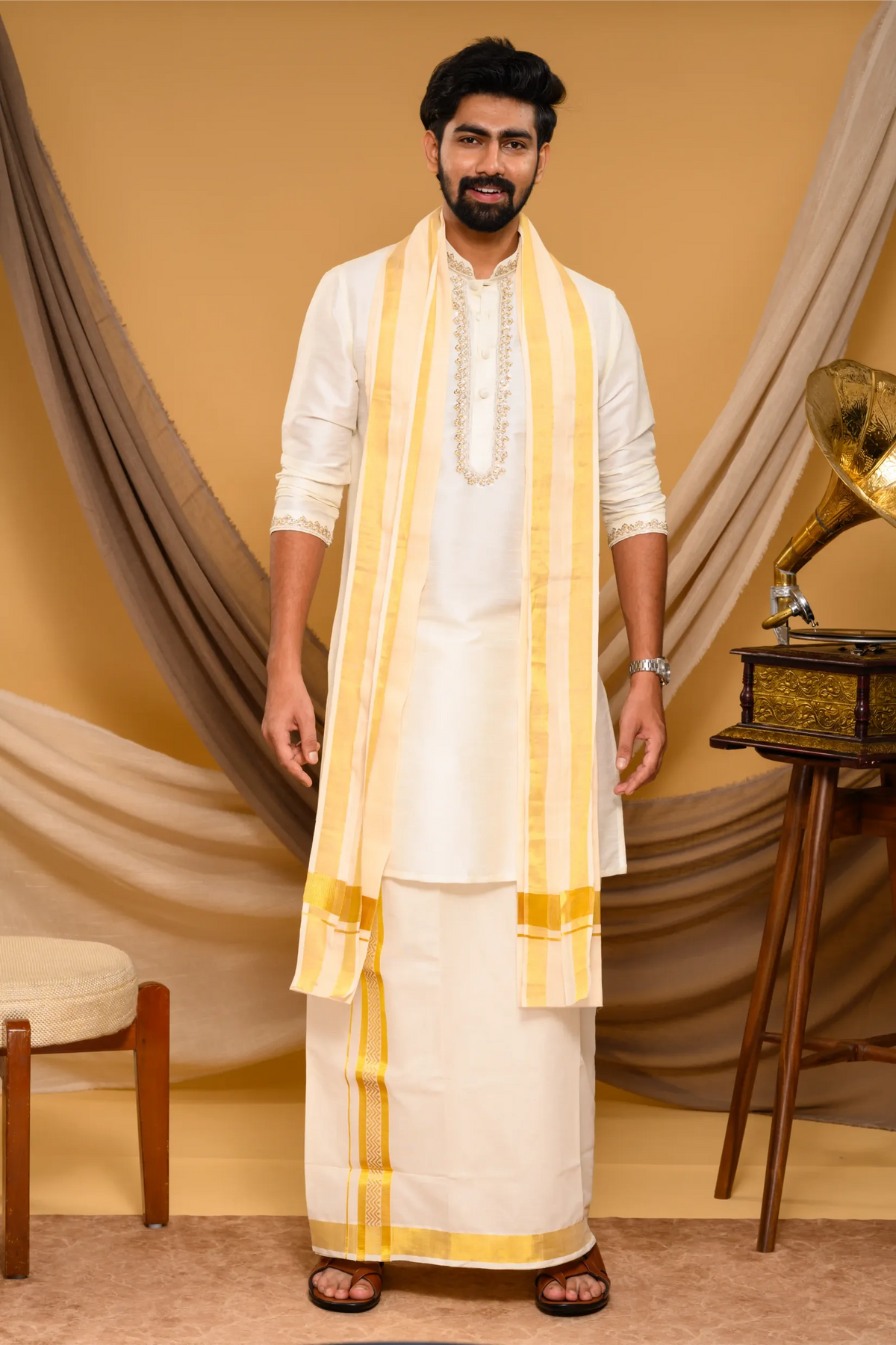 Off- White Silk Kurta with Hand Embroidery detailing on Neck, placket edge & sleeve edge - floral body spread work (Kurta + Munde + Melmunde)