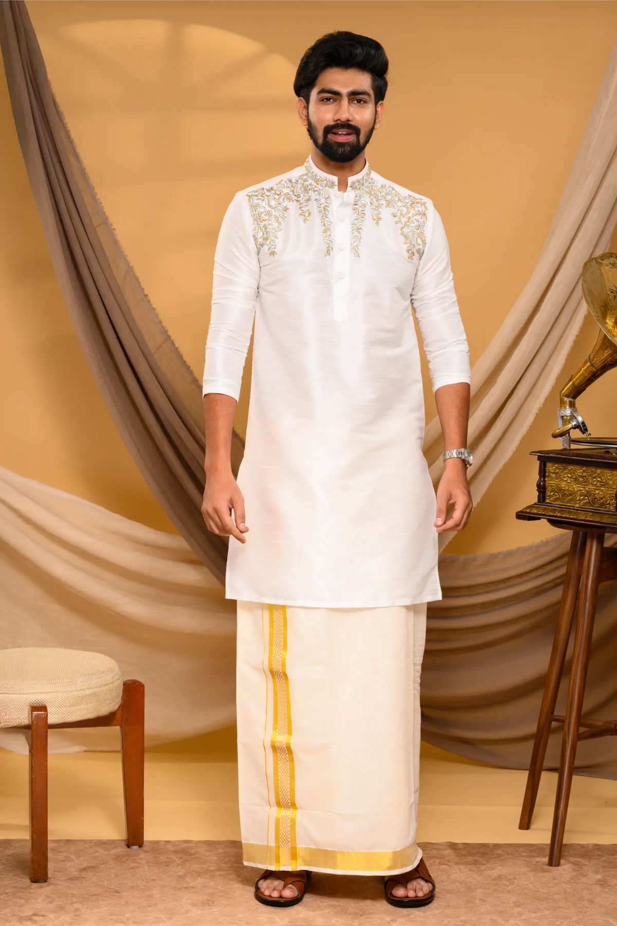 Off- White Silk Kurta with Hand Embroidery detailing on shoulder line & neck (Kurta Only)