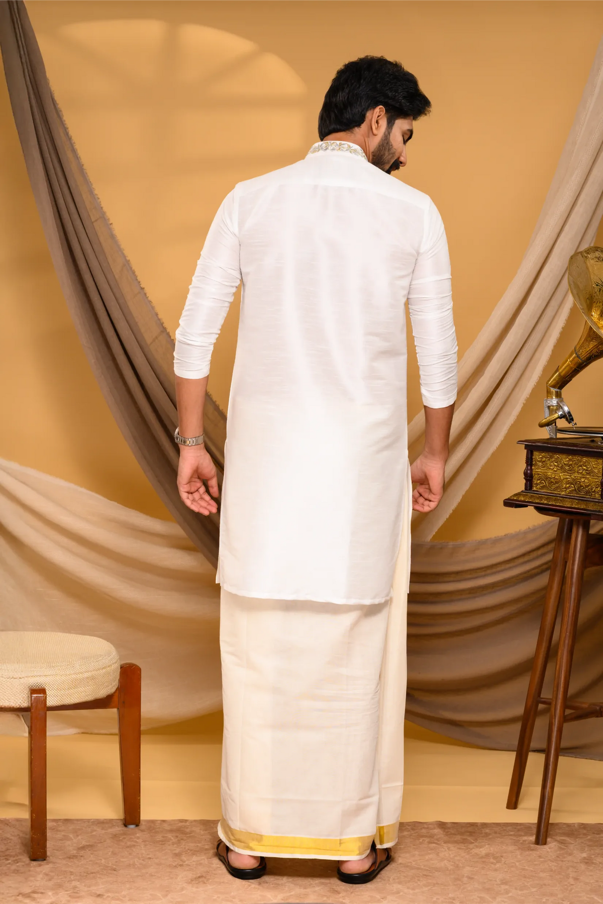 Off- White Silk Kurta with Hand Embroidery detailing on shoulder line & neck (Kurta Only)
