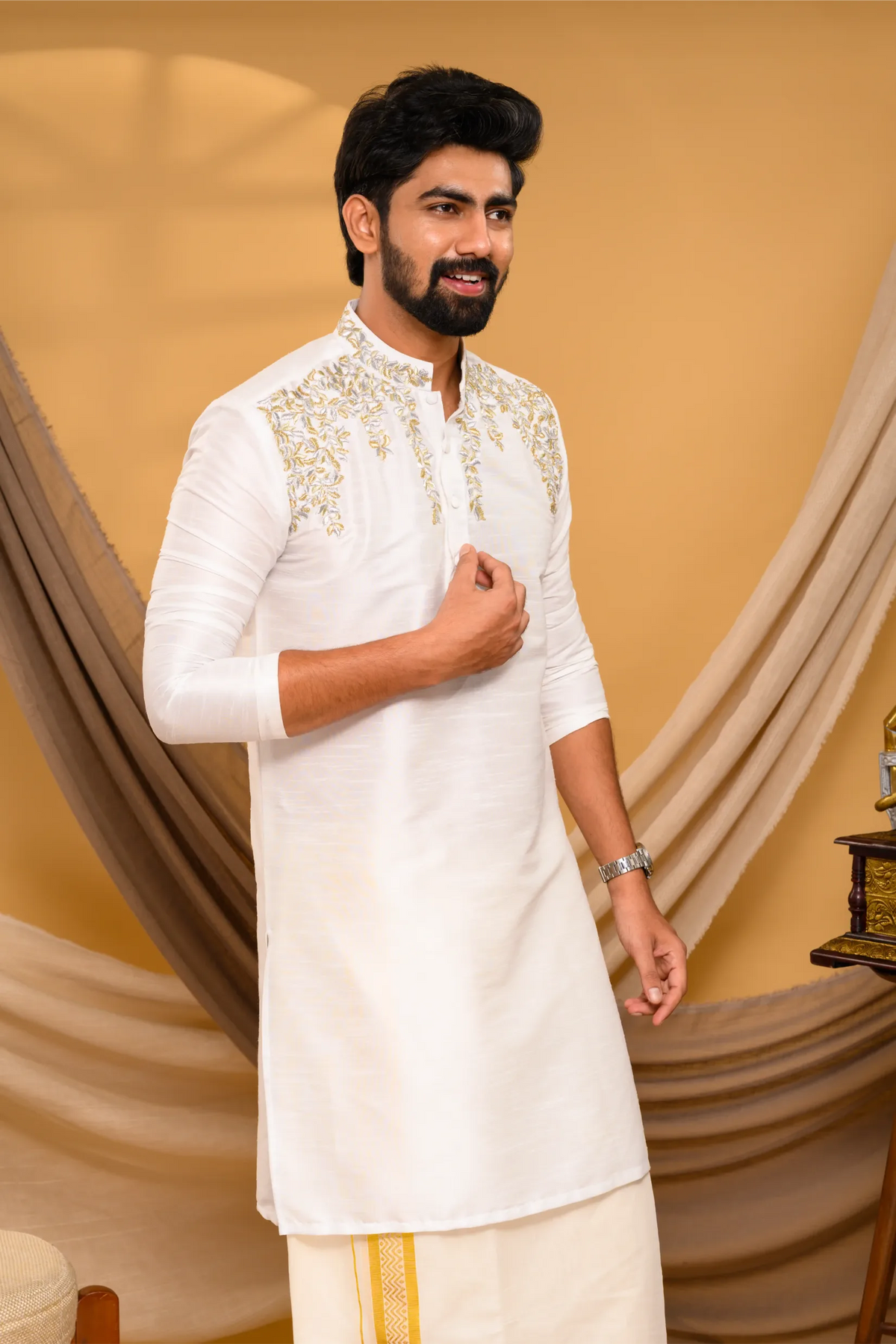 Off- White Silk Kurta with Hand Embroidery detailing on shoulder line & neck (Kurta Only)