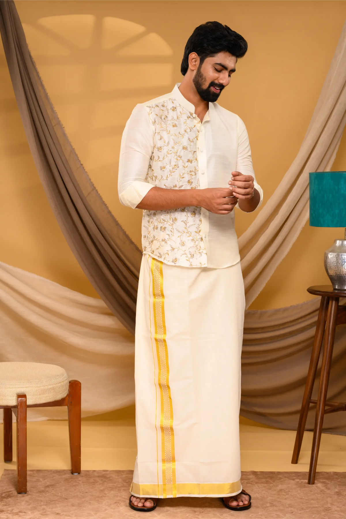 Off White Traditional Shirt with Golden Handwork detailing on Sinlge Side Bodice (Shirt + Munde)
