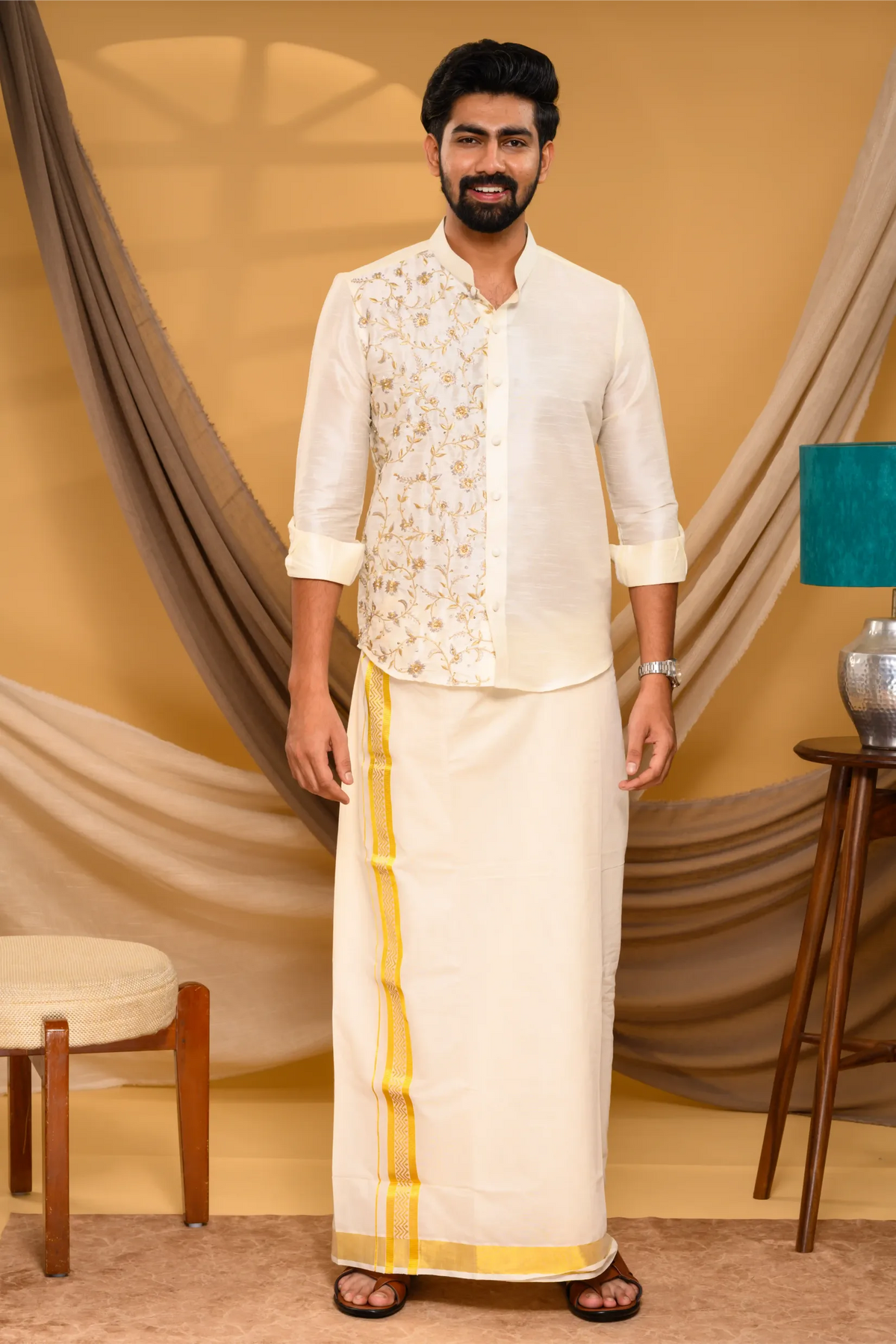 Off White Traditional Shirt with Golden Handwork detailing on Sinlge Side Bodice (Shirt + Munde)