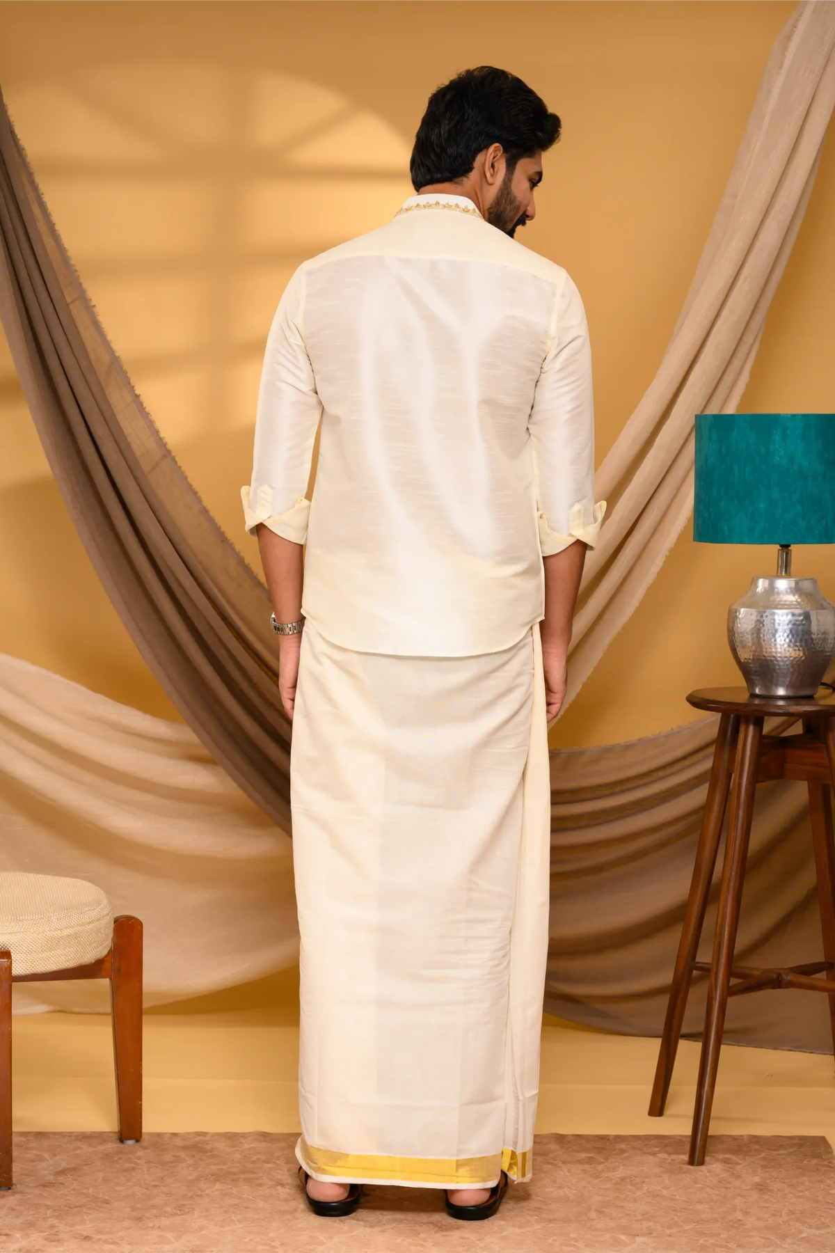 Off White Traditional Shirt with Golden Handwork detailing on Neck & concealed placket (Shirt Only)