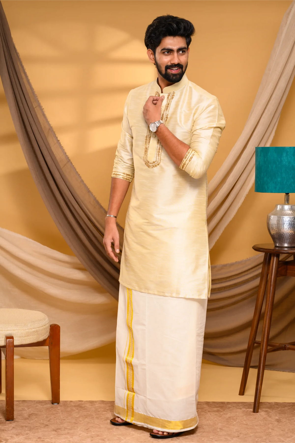 Light Golden Silk Kurta with Golden Chain Handwork detailing on placket border & sleeve edge (Kurta + Munde)