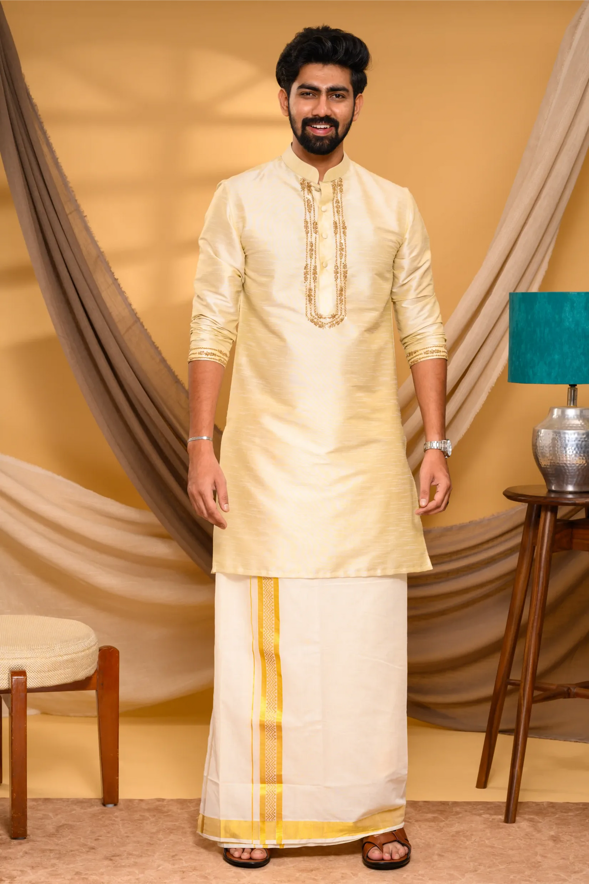 Light Golden Silk Kurta with Golden Chain Handwork detailing on placket border & sleeve edge (Kurta + Munde)