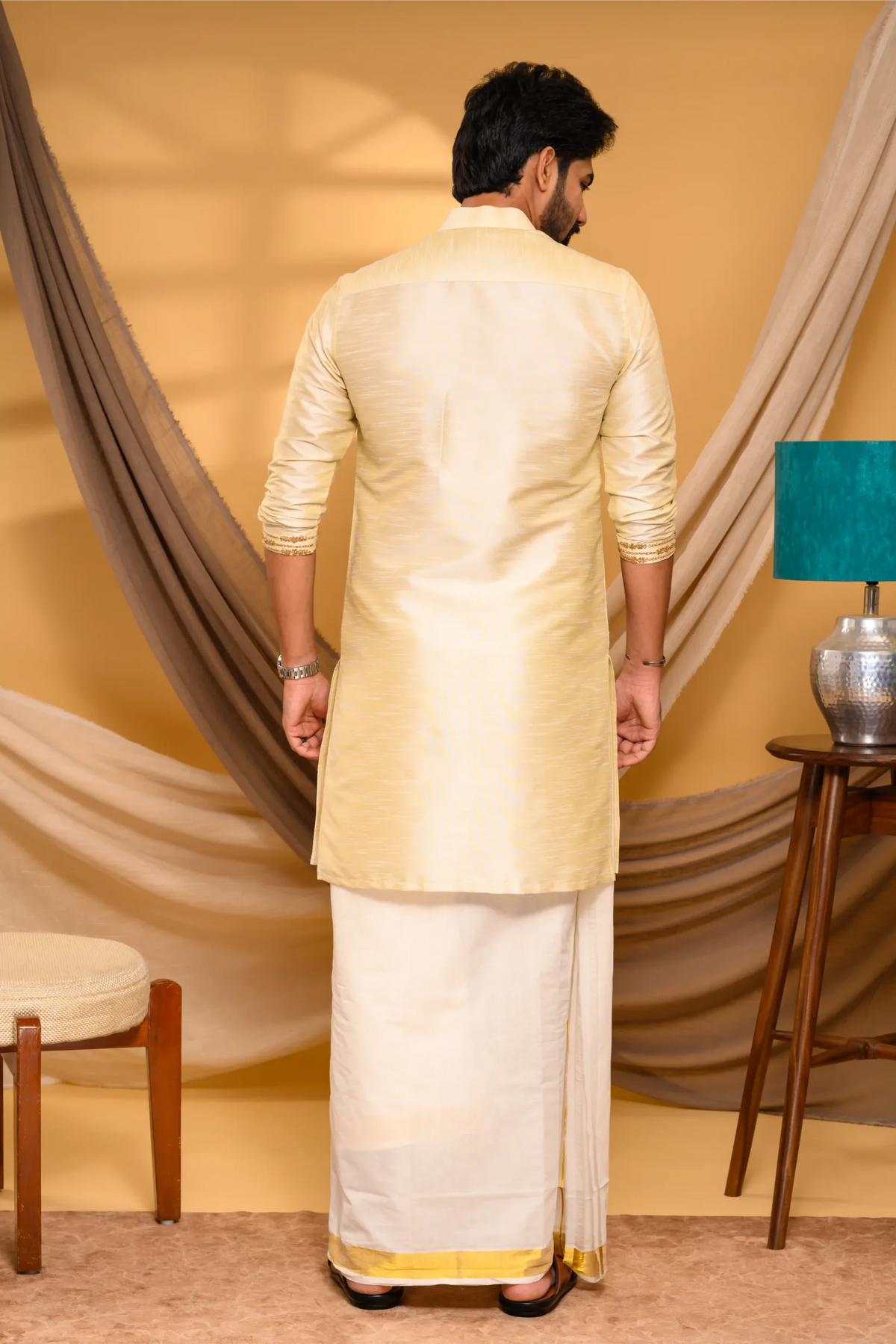 Light Golden Silk Kurta with Golden Chain Handwork detailing on placket border & sleeve edge (Kurta + Munde)
