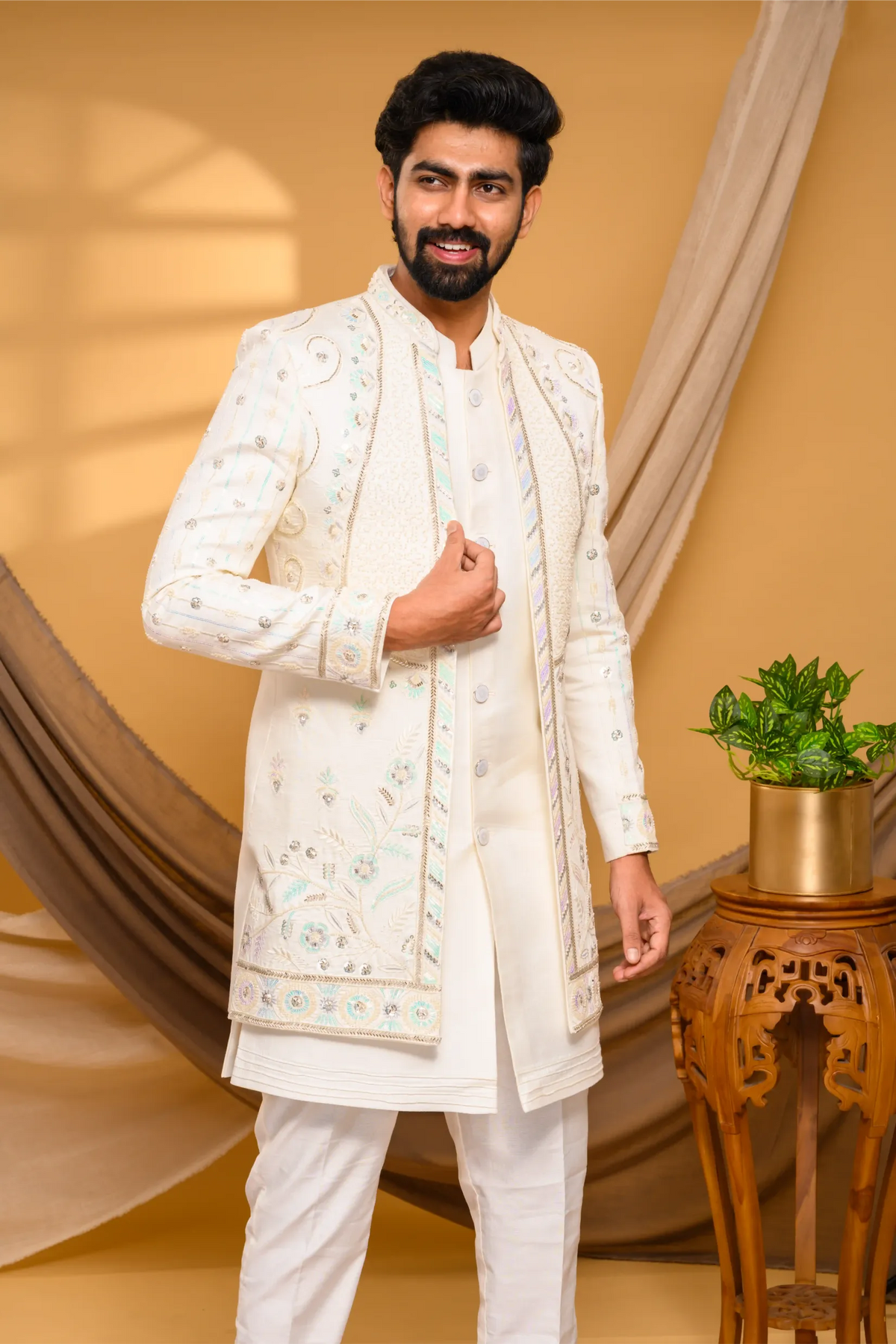 Ivory Shade Open Indo Western Slim Jacket with floral hand embroidery & surface embroidery paired with Kurta & Narrow Pants (Set of 3)