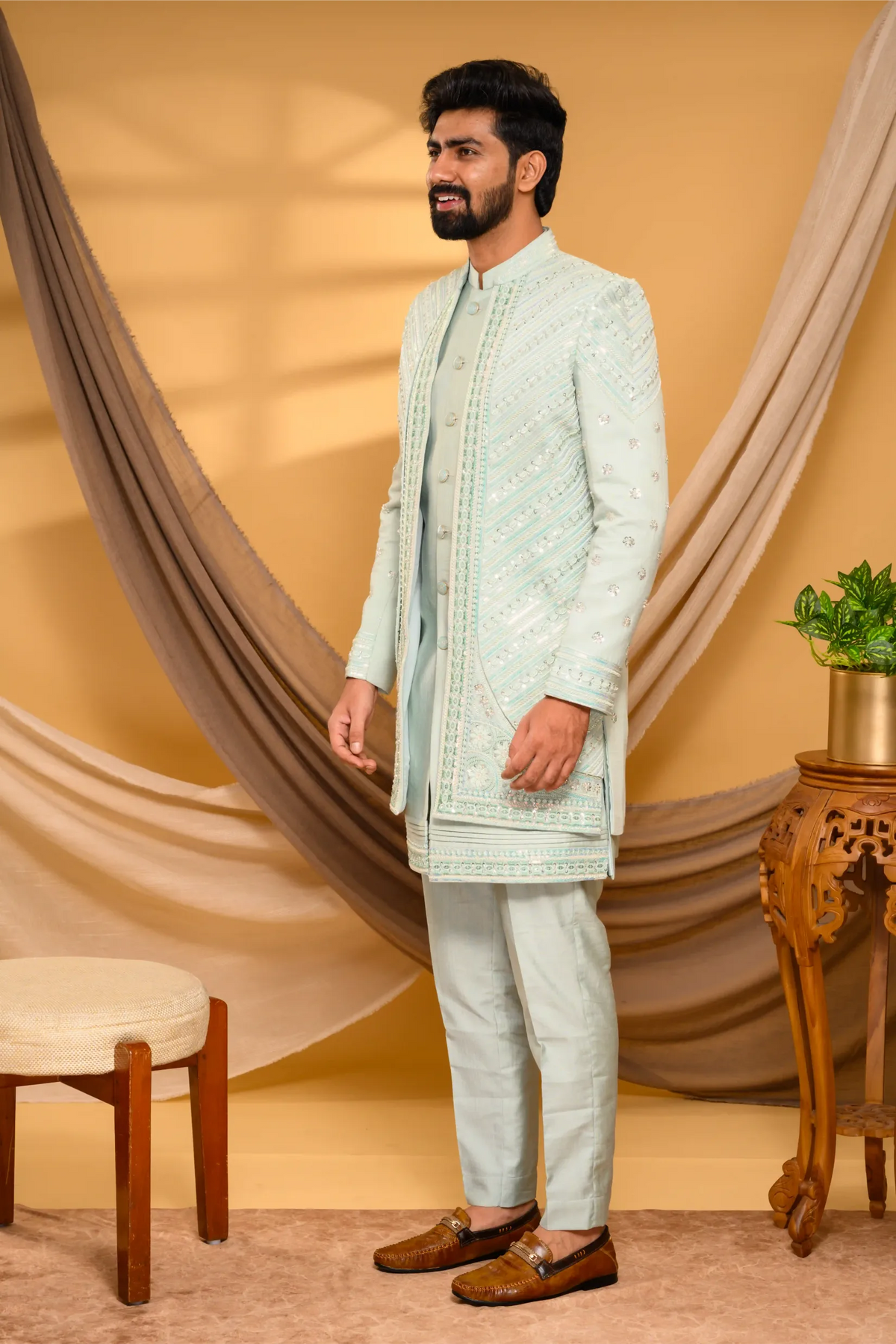 Embroidered Pastel Mint Shade Open Indo Western Slim Jacket paired with Kurta & Narrow Pants (Set of 3)