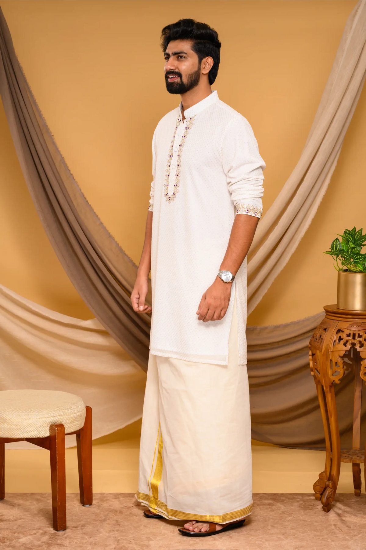 Ivory Chikankari Kurta with Hand Embroidery detailing on placket & sleeve edge (Kurta + Munde)