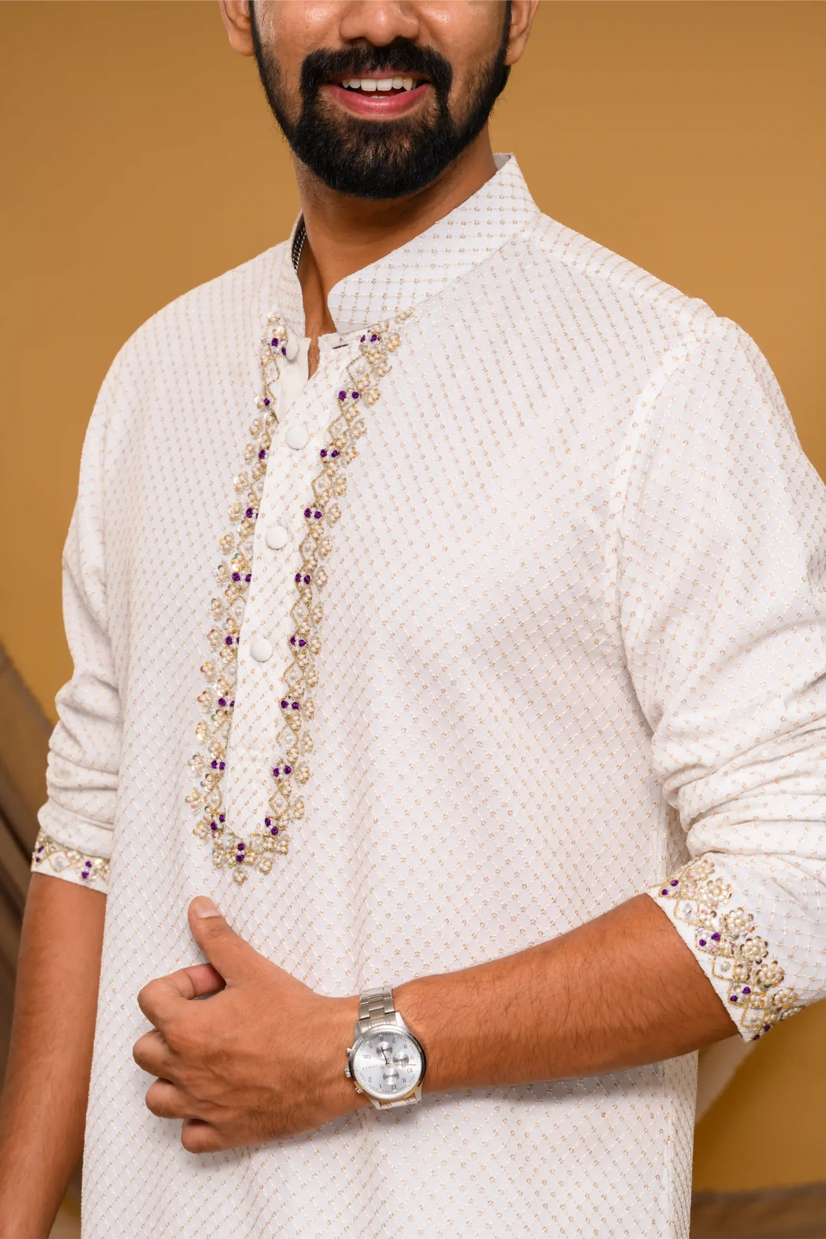 Ivory Chikankari Kurta with Hand Embroidery detailing on placket & sleeve edge (Kurta + Munde)