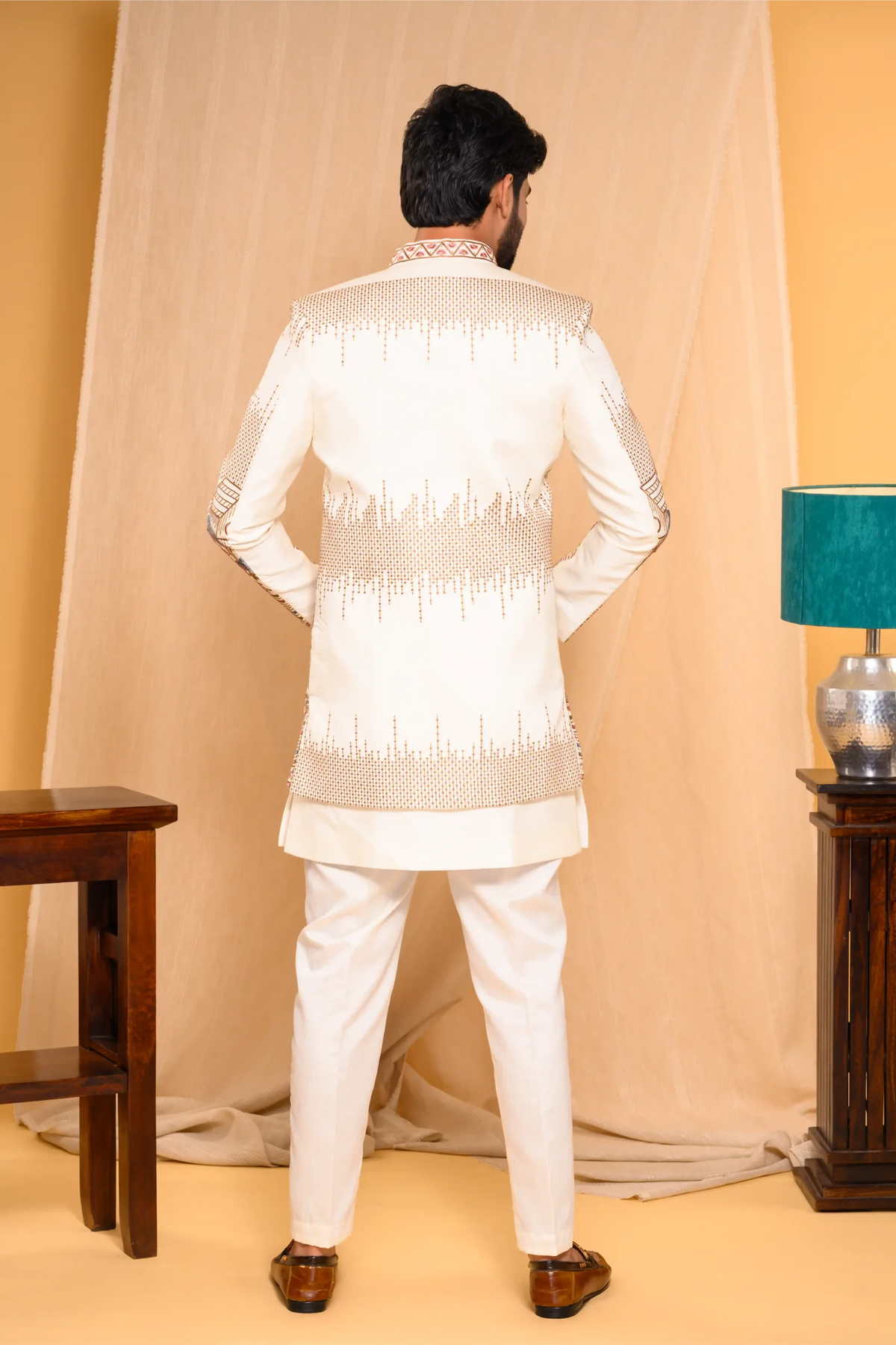 Embroidered Ivory Shade Open Indo Western Slim Jacket paired with Kurta & Narrow Pants (Set of 3)