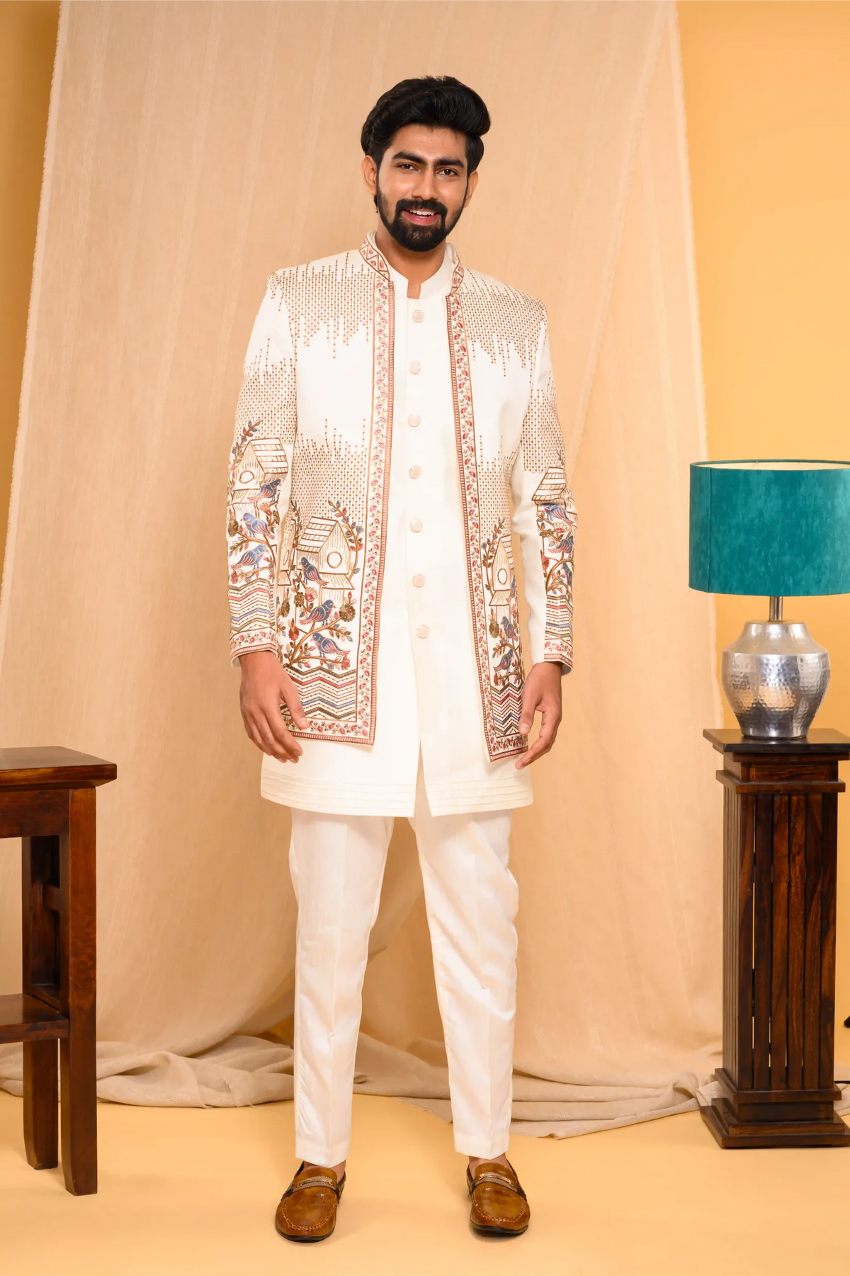 Embroidered Ivory Shade Open Indo Western Slim Jacket paired with Kurta & Narrow Pants (Set of 3)