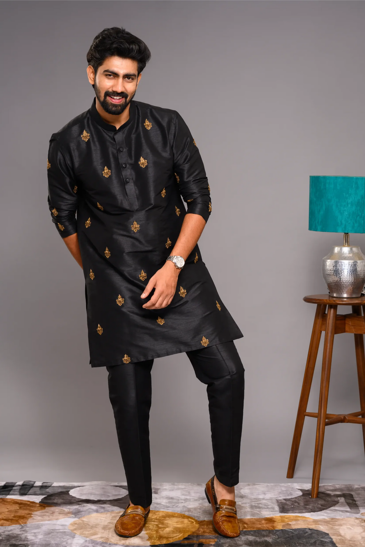 Black Silk Kurta with Golden Hand Embroidered Thread Detailing (Kurta + Narrow Pants)
