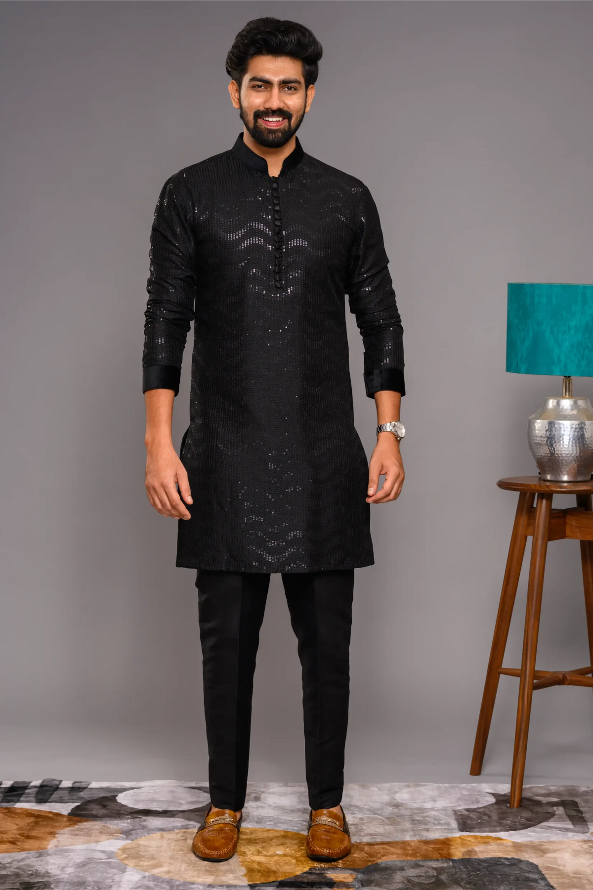 Designer Black Kurta with Glossy Self Surface Embroidery with Velvet Neck & Sleeve edge detailing (Kurta + Narrow Pants)