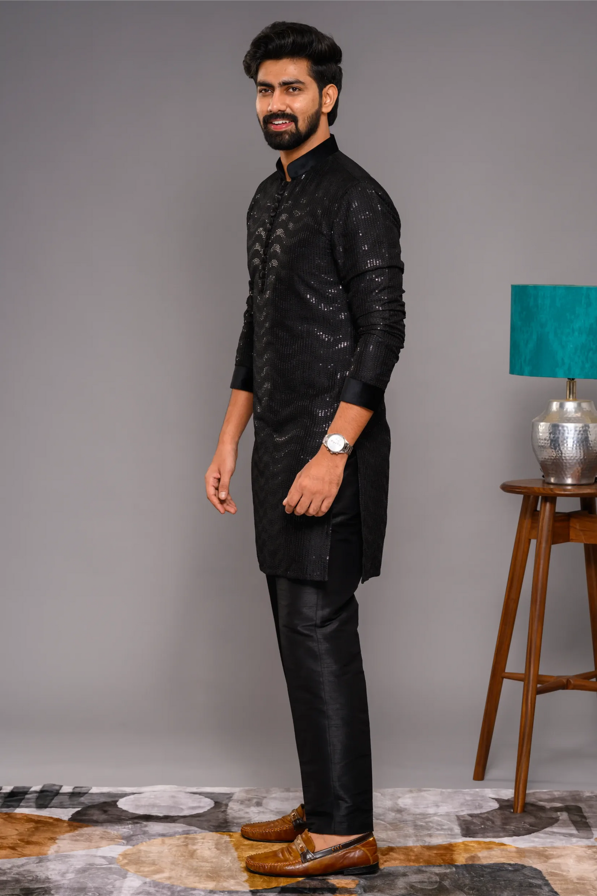 Designer Black Kurta with Glossy Self Surface Embroidery with Velvet Neck & Sleeve edge detailing (Kurta + Narrow Pants)