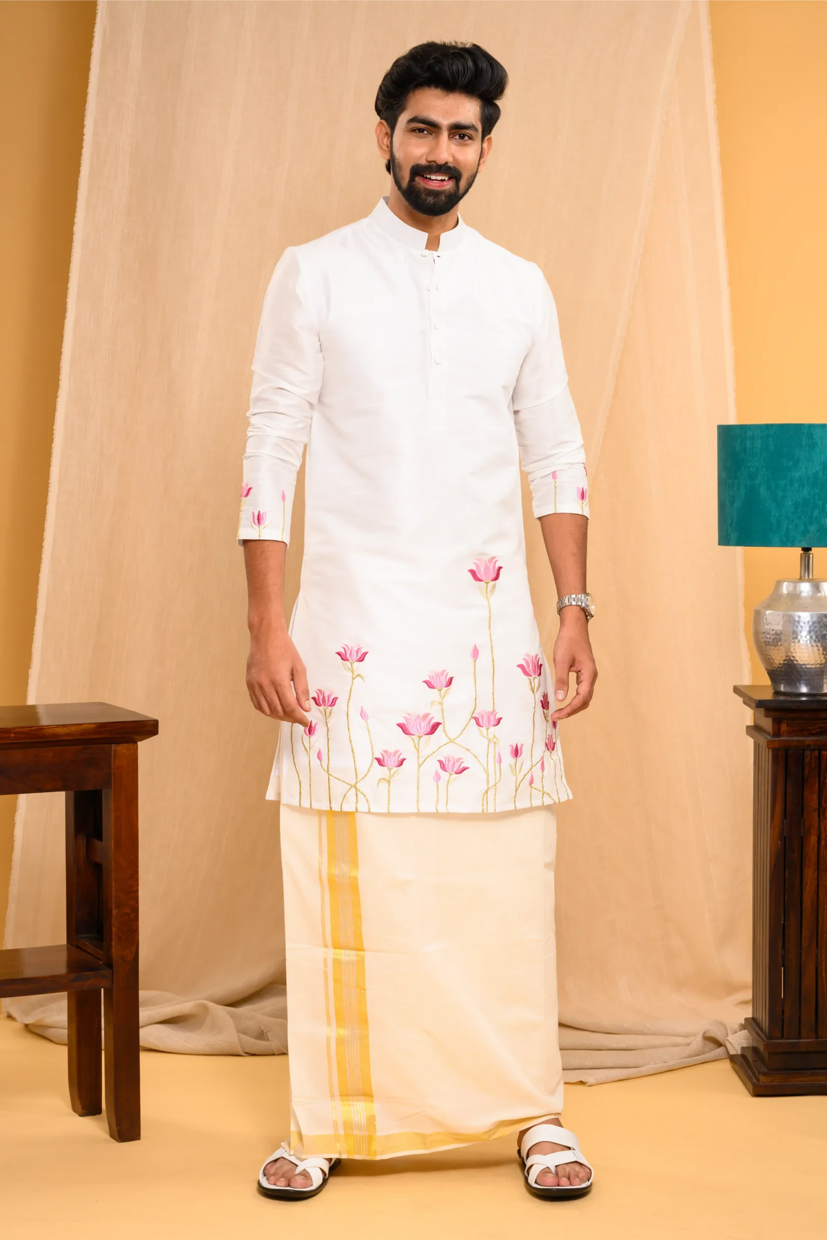 Off- White Silk Kurta with floral embroidery detailing on sleeves & bottom edges (Kurta + Munde)