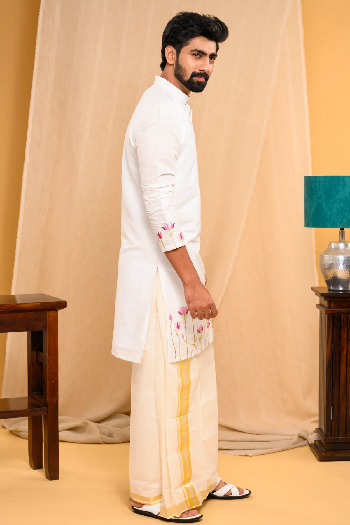 Off- White Silk Kurta with floral embroidery detailing on sleeves & bottom edges (Kurta + Munde)