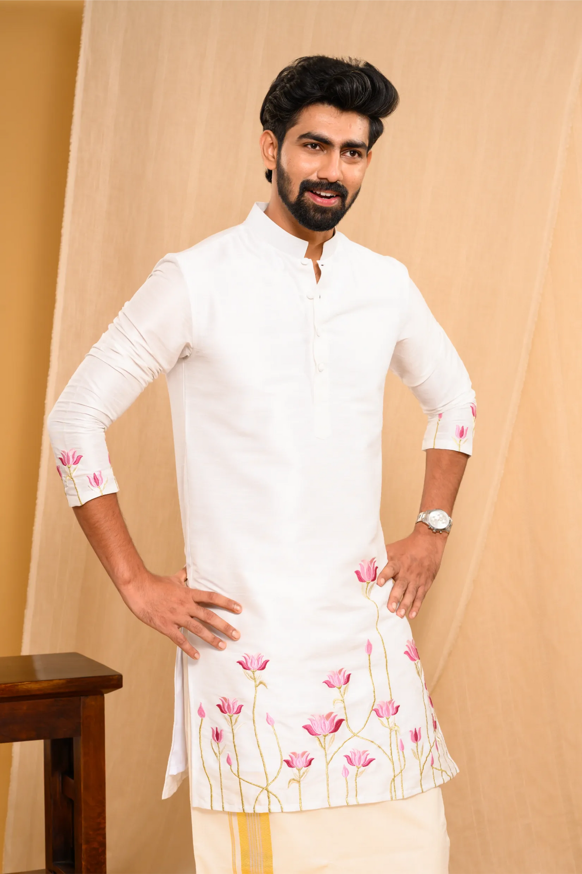 Off- White Silk Kurta with floral embroidery detailing on sleeves & bottom edges (Kurta + Munde)