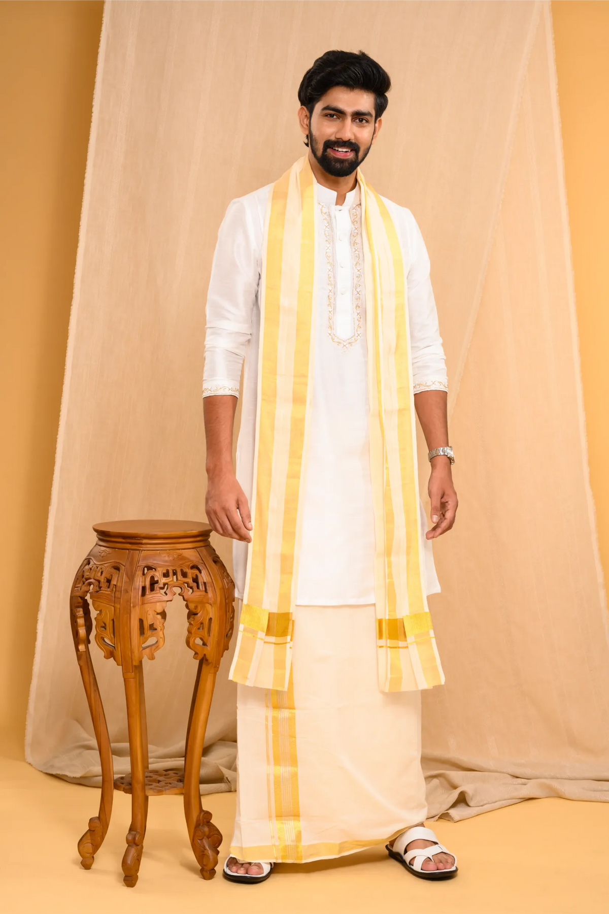 Off- White Silk Kurta with Hand Embroidery detailing on placket, neck border & sleeve edge (Kurta + Munde + Melmunde)
