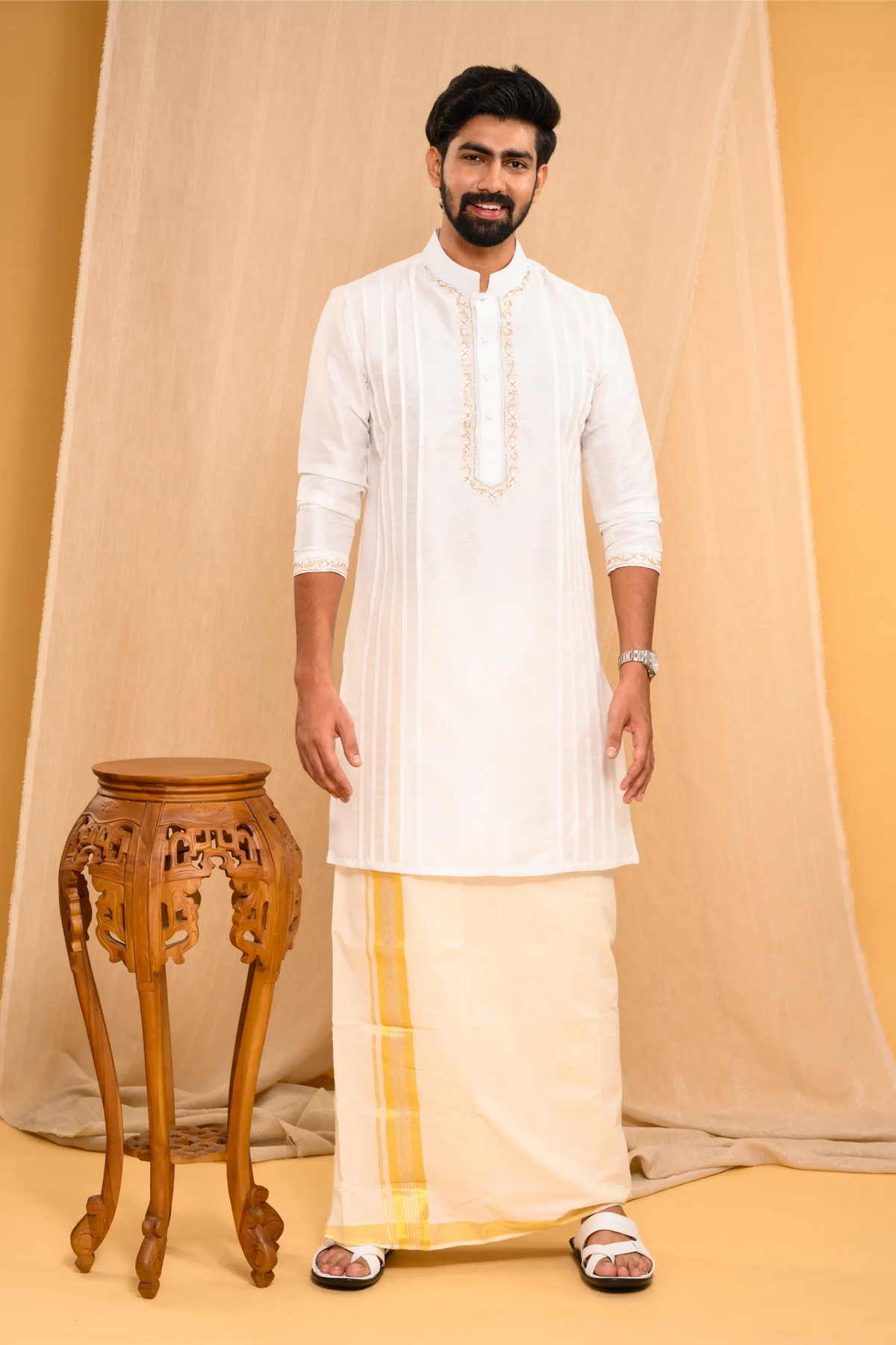 Off- White Silk Kurta with Hand Embroidery detailing on placket, neck border & sleeve edge (Kurta + Munde + Melmunde)