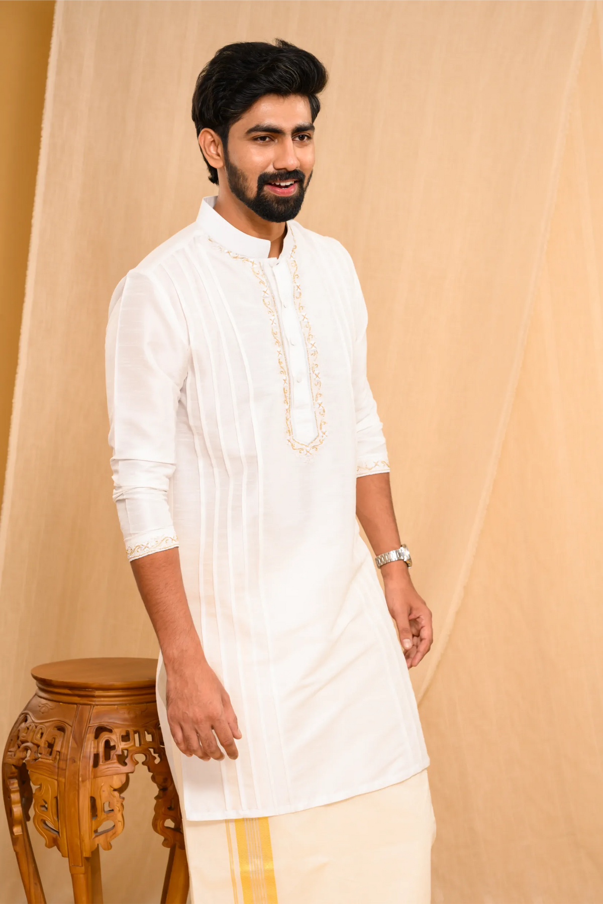 Off- White Silk Kurta with Hand Embroidery detailing on placket, neck border & sleeve edge (Kurta Only)