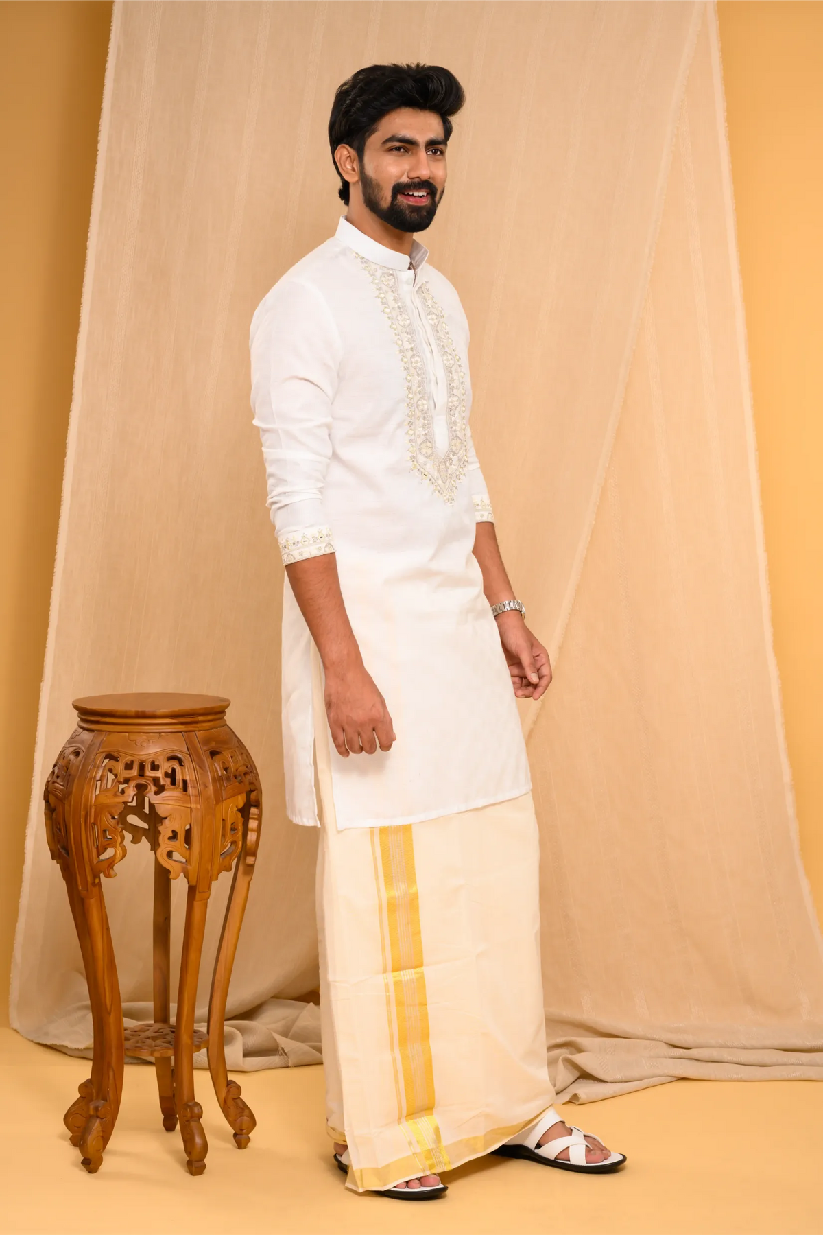 Off- White Silk Kurta with Heavy Hand Embroidery detailing on placket & sleeve edge (Kurta Only)