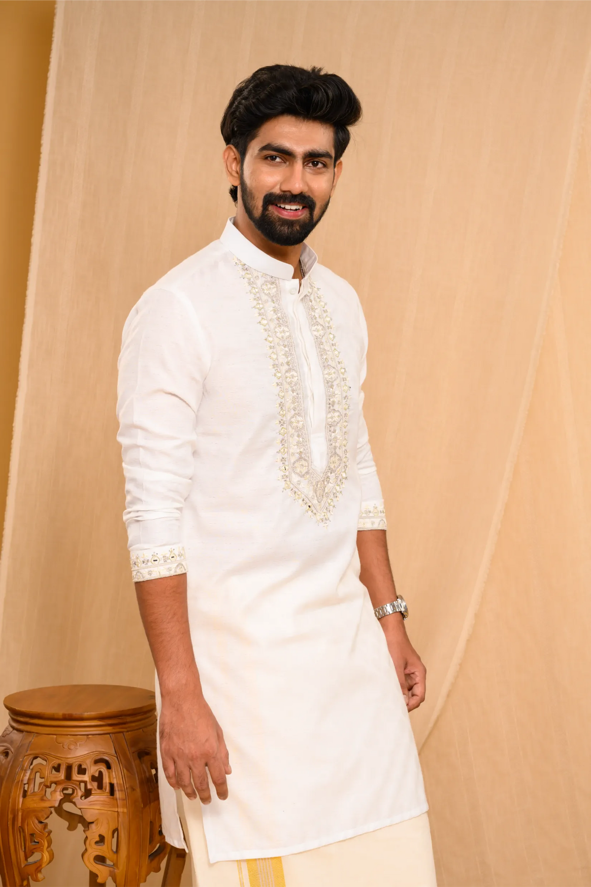 Off- White Silk Kurta with Heavy Hand Embroidery detailing on placket & sleeve edge (Kurta Only)