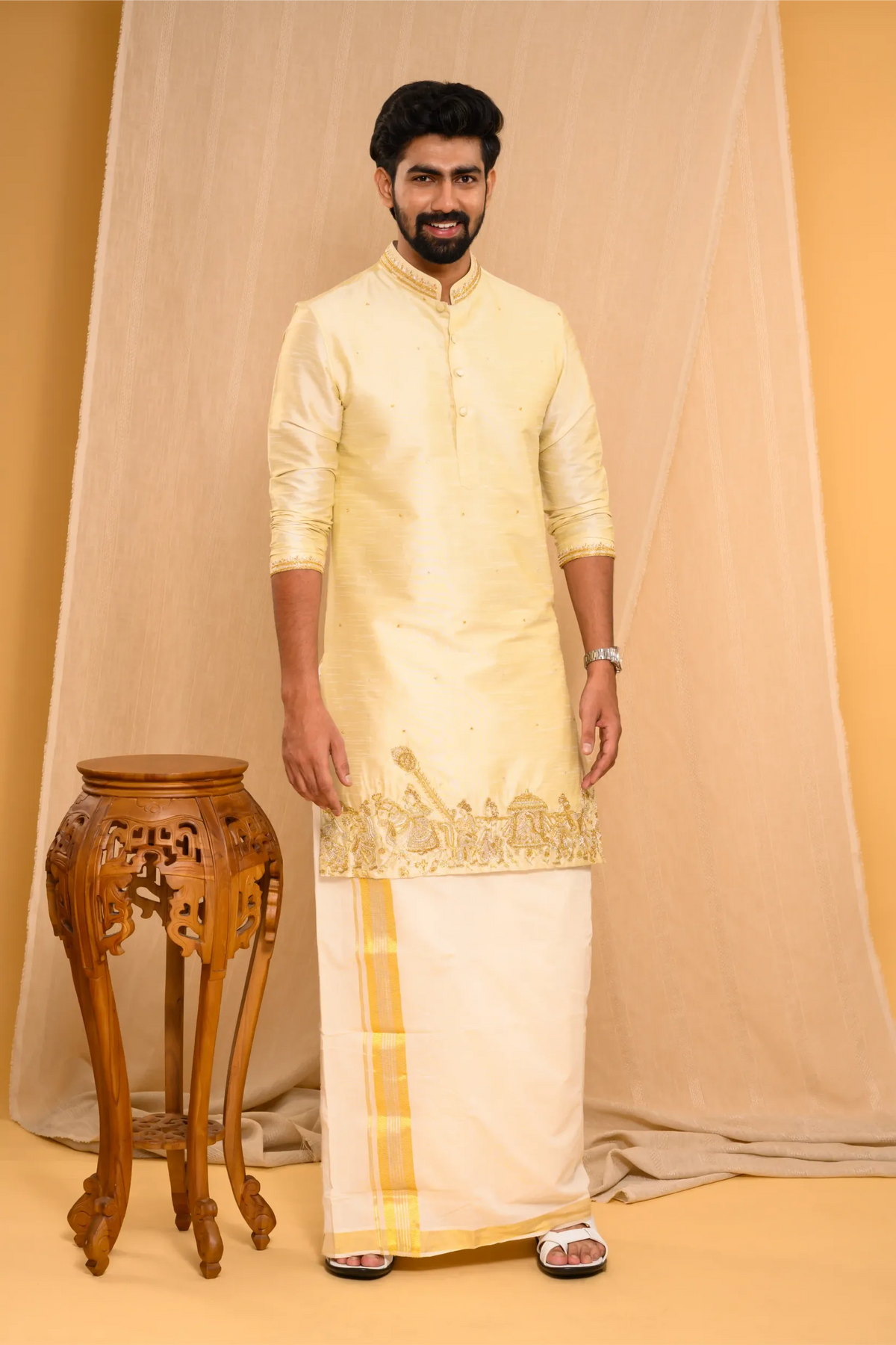 Golden Silk Kurta with Heavy Hand Embroidery detailing on placket & sleeve edge (Kurta + Munde)