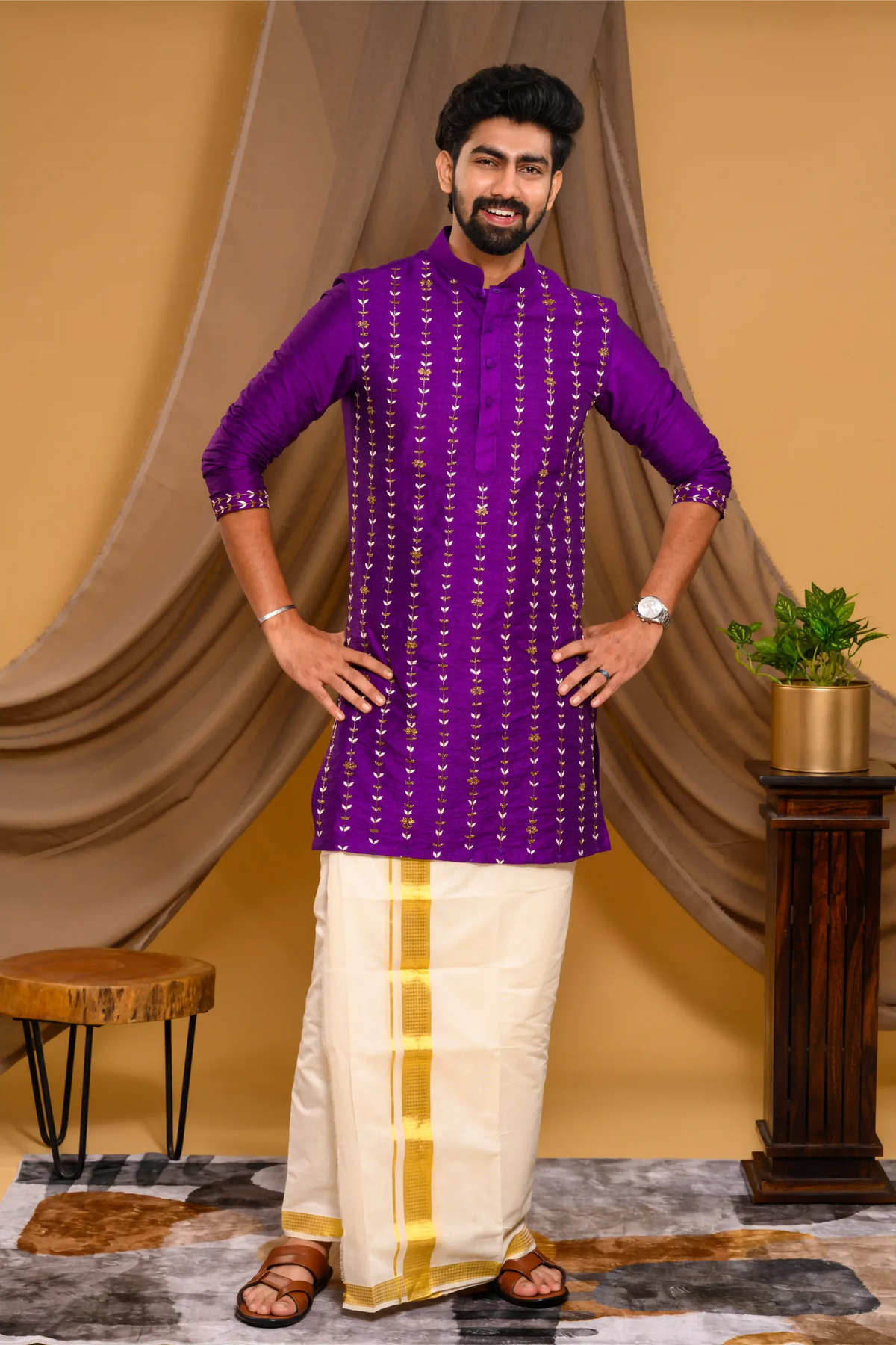Purple Silk Kurta with Vertical Hand Embroidery detailing on Body & Sleeve edge (Kurta Only)