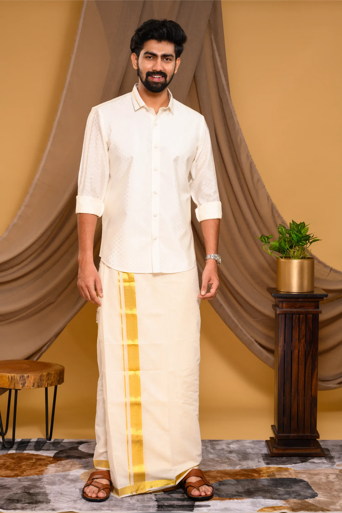 Off White Self Design Woven Traditional Shirt with Golden Kasavu line detailing on Collar (Shirt + Munde)