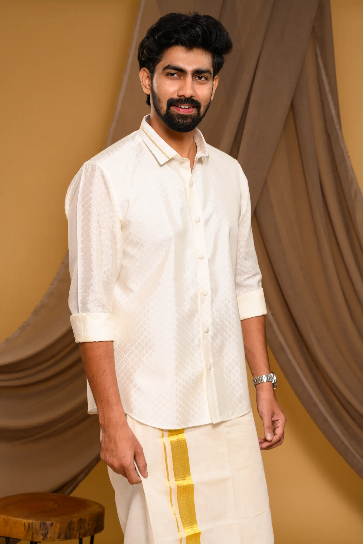 Off White Self Design Woven Traditional Shirt with Golden Kasavu line detailing on Collar (Shirt + Munde)
