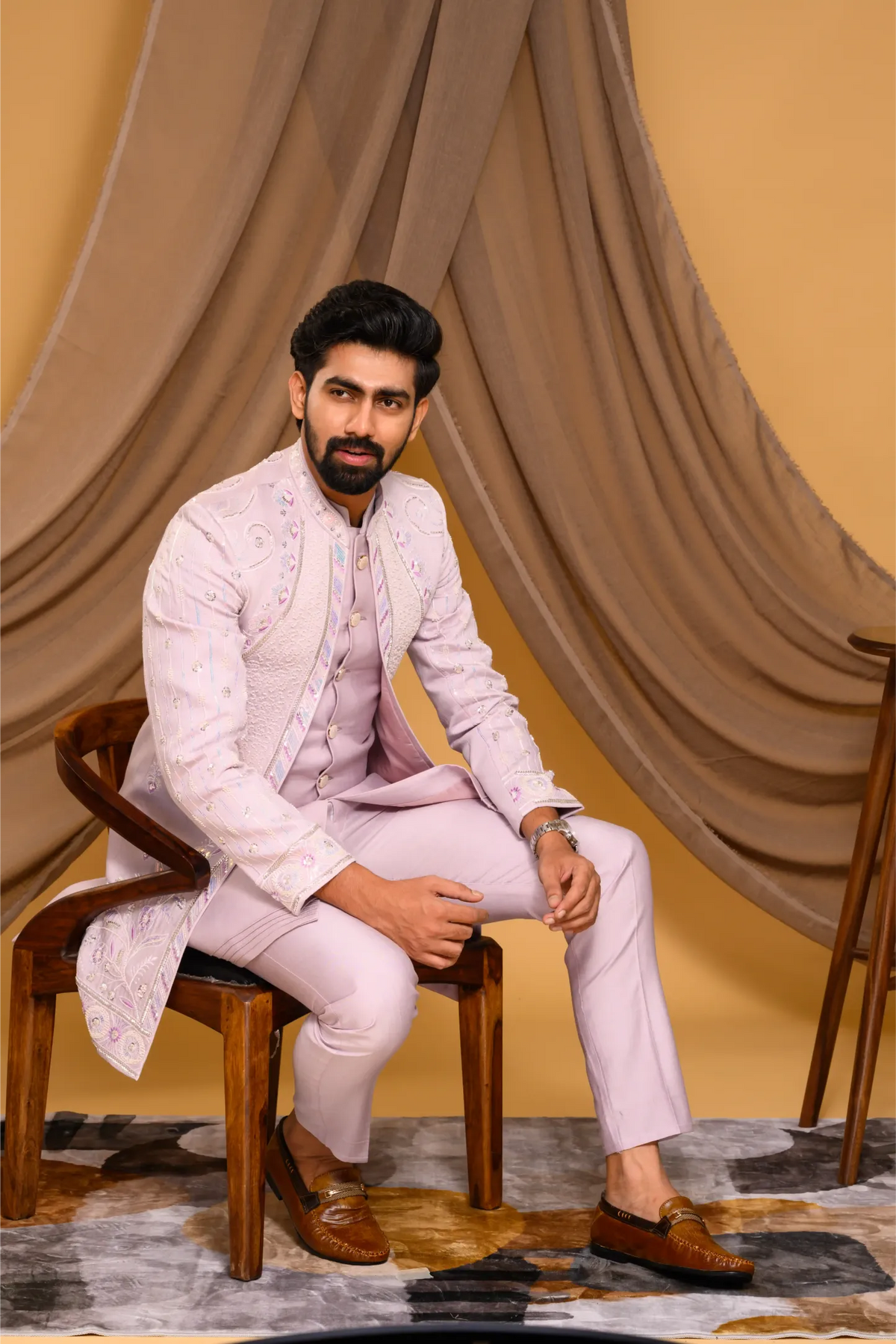 Embroidered Pastel Lavender Shade Open Indo Western Slim Jacket paired with Kurta & Narrow Pants (Set of 3)