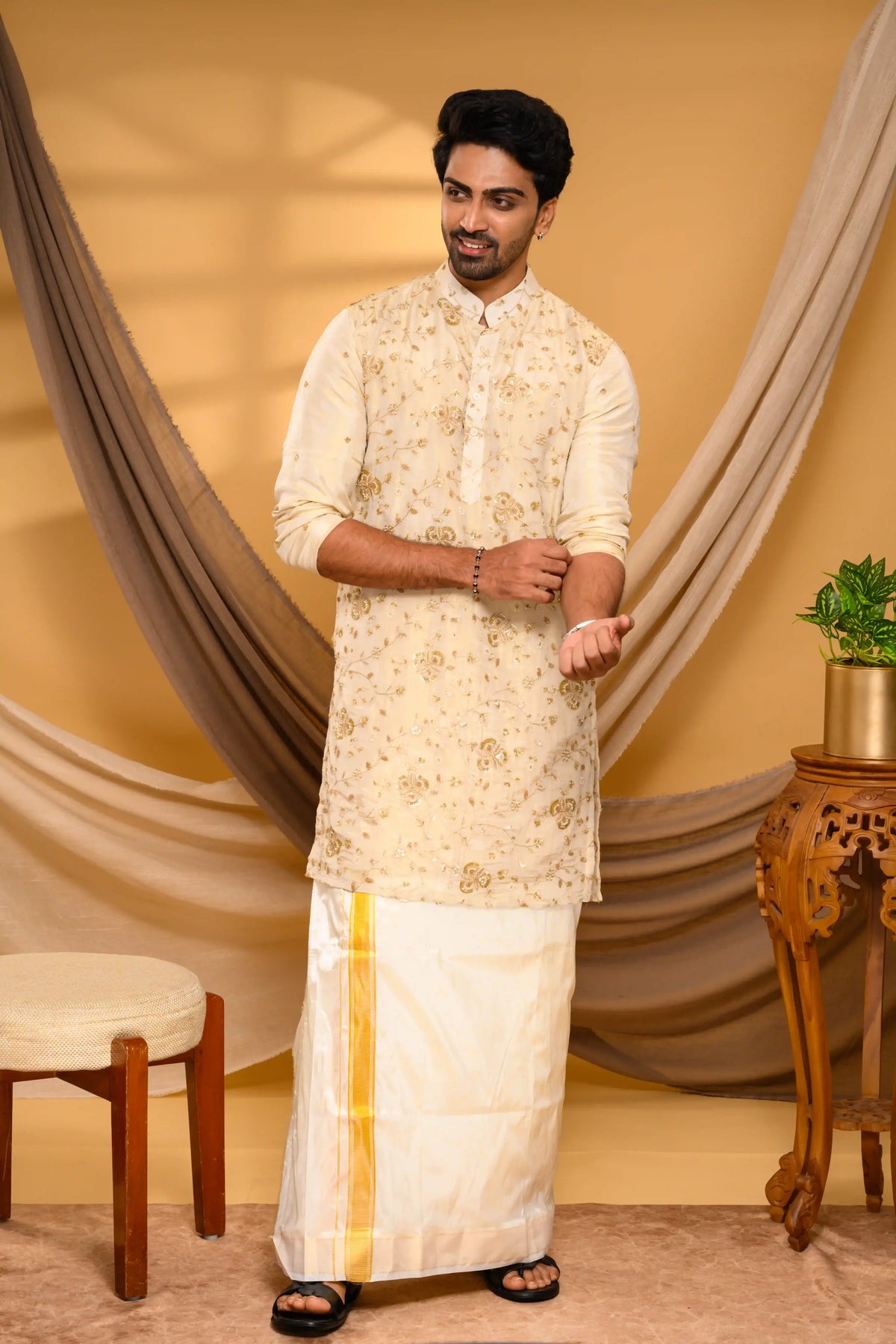 Golden Tissue Silk Kurta with Surface detailing on Body (Kurta + Munde)