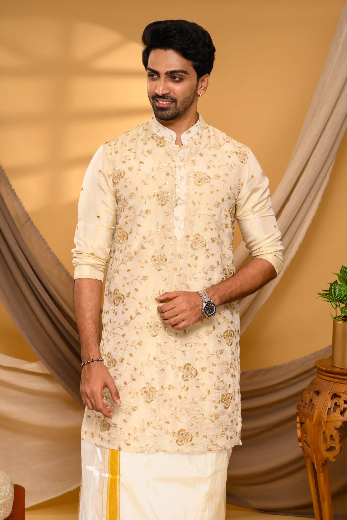 Golden Tissue Silk Kurta with Surface detailing on Body (Kurta + Munde)