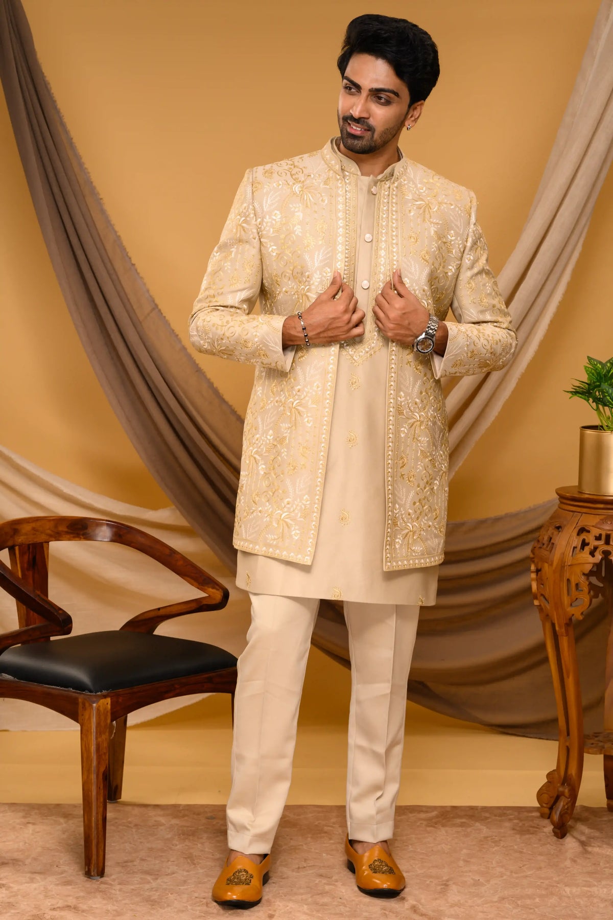 Golden Shade Open Indo Western Slim Jacket paired with Kurta & Narrow Pants (Set of 3)
