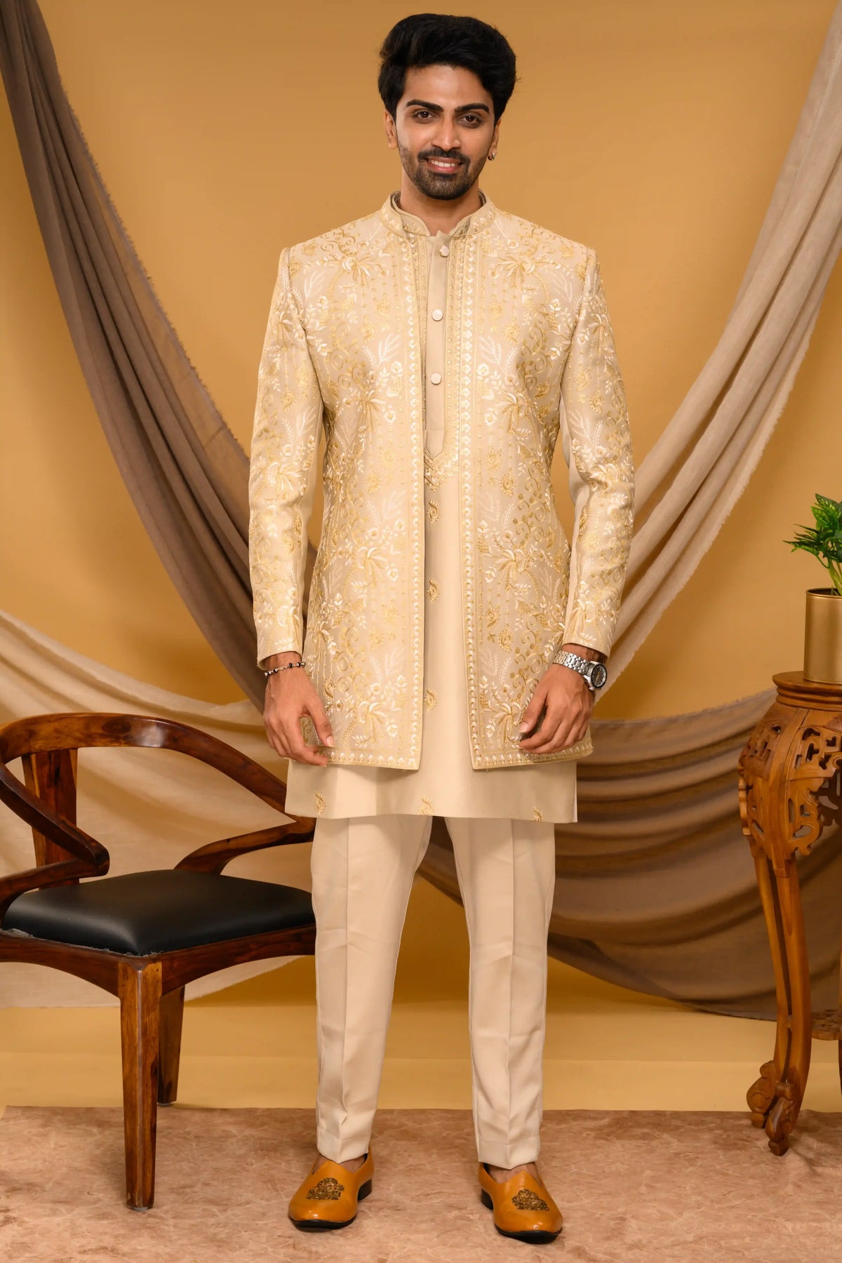 Golden Shade Open Indo Western Slim Jacket paired with Kurta & Narrow Pants (Set of 3)