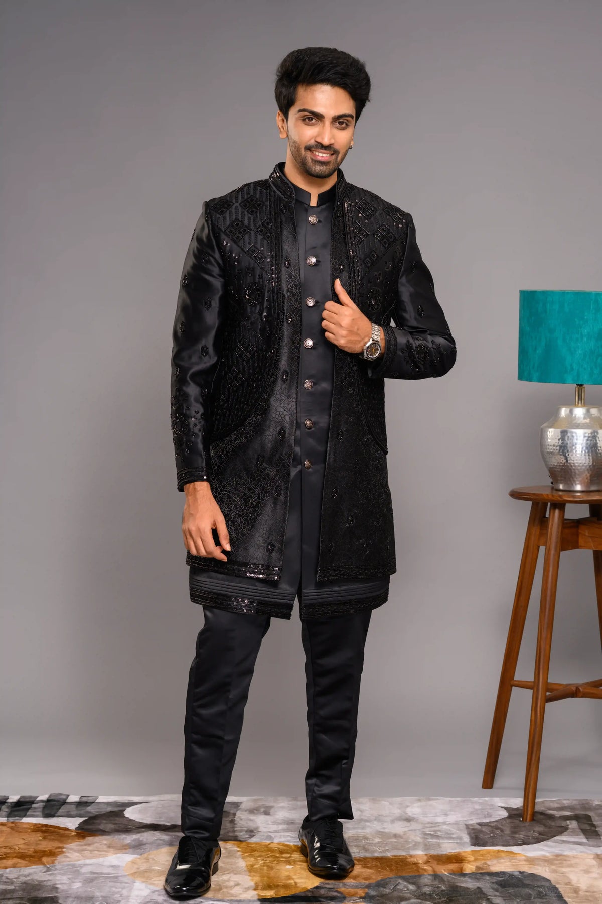 Jet Black Shade Open Indo Western Slim Jacket paired with Kurta & Narrow Pants (Set of 3)
