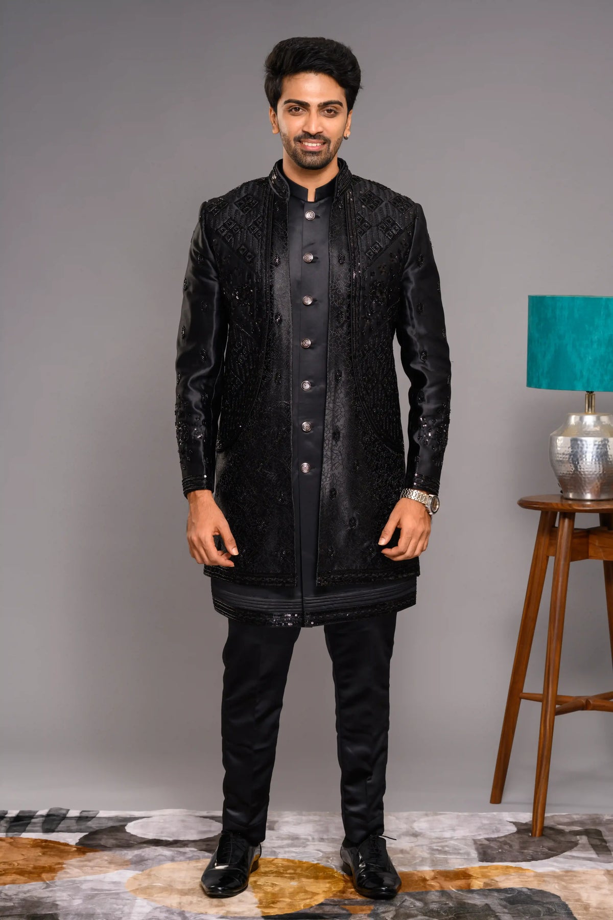 Jet Black Shade Open Indo Western Slim Jacket paired with Kurta & Narrow Pants (Set of 3)