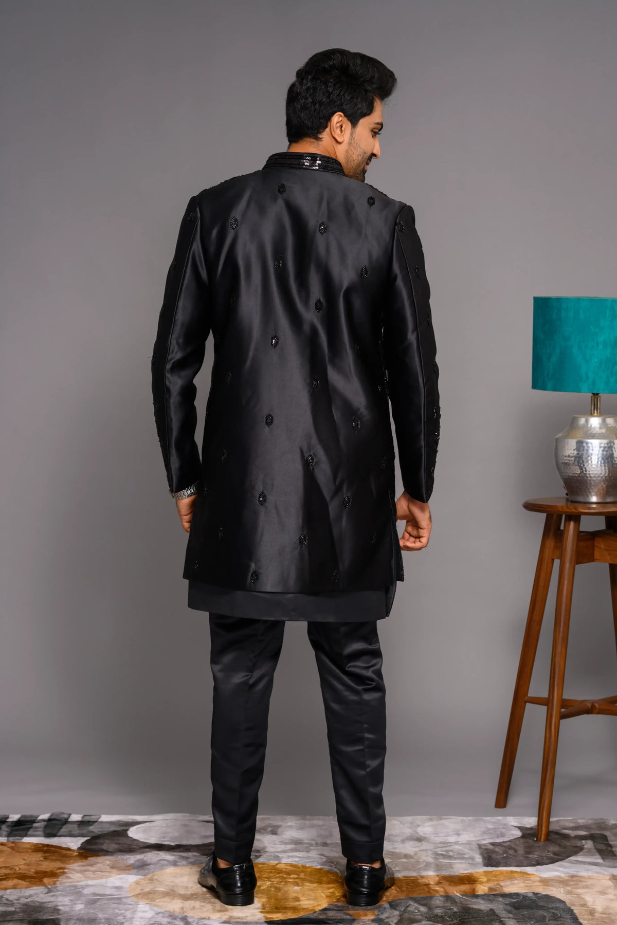 Jet Black Shade Open Indo Western Slim Jacket paired with Kurta & Narrow Pants (Set of 3)