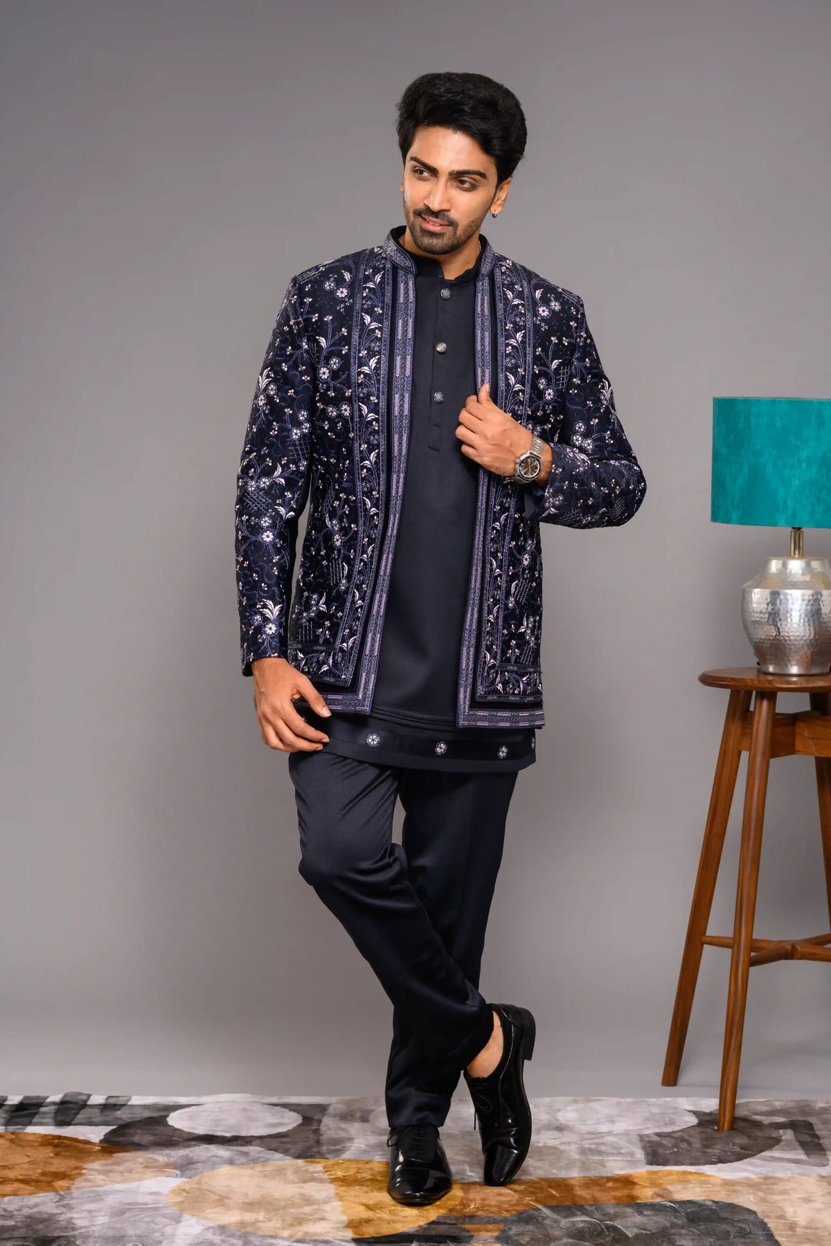 Midnight Blue Open Indo Western Slim Jacket paired with Kurta & Narrow Pants (Set of 3)