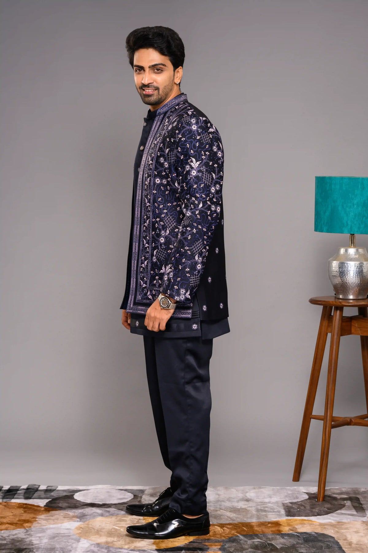 Midnight Blue Open Indo Western Slim Jacket paired with Kurta & Narrow Pants (Set of 3)