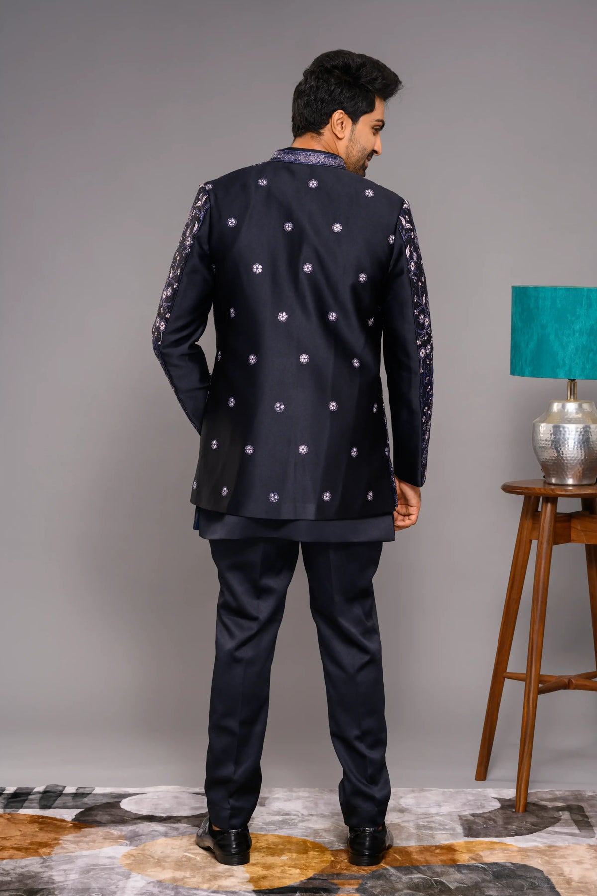 Midnight Blue Open Indo Western Slim Jacket paired with Kurta & Narrow Pants (Set of 3)