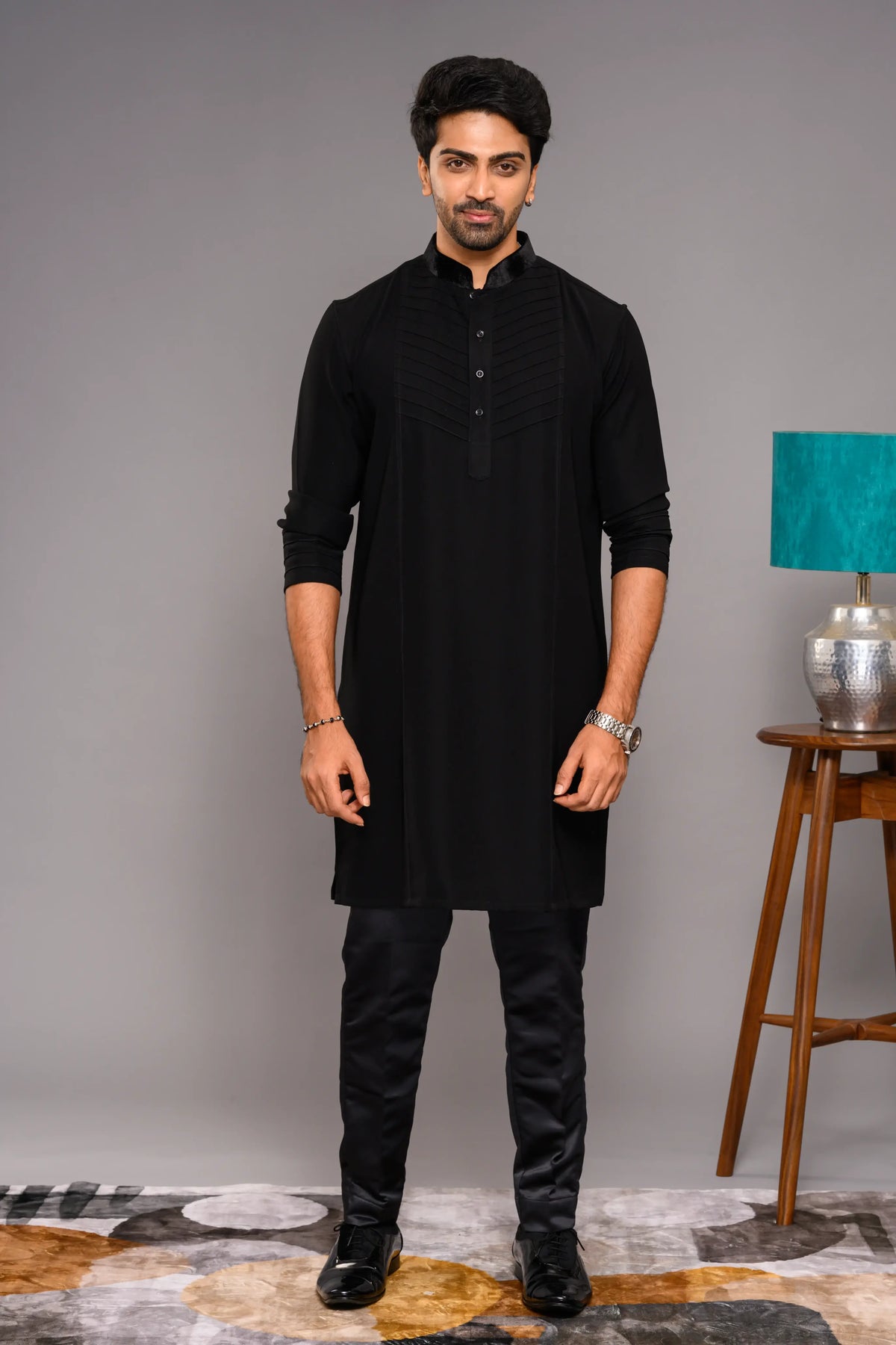 Designer Black Kurta with Self Tuck design detailed in Velvet Neck & Sleeve edge (Kurta Only)