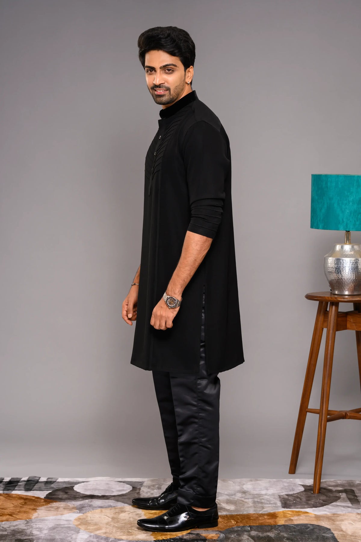 Designer Black Kurta with Self Tuck design detailed in Velvet Neck & Sleeve edge (Kurta Only)