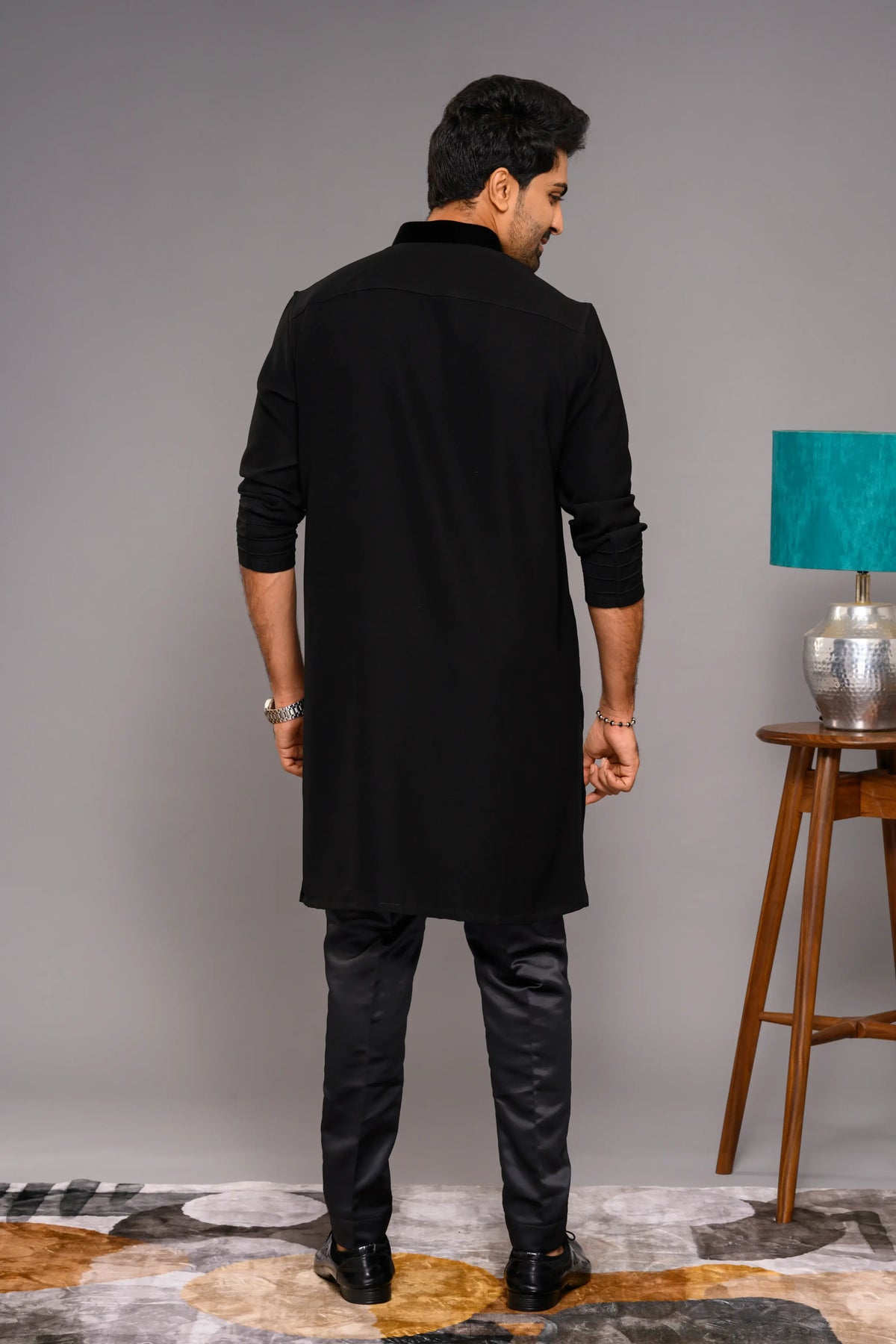 Designer Black Kurta with Self Tuck design detailed in Velvet Neck & Sleeve edge (Kurta Only)