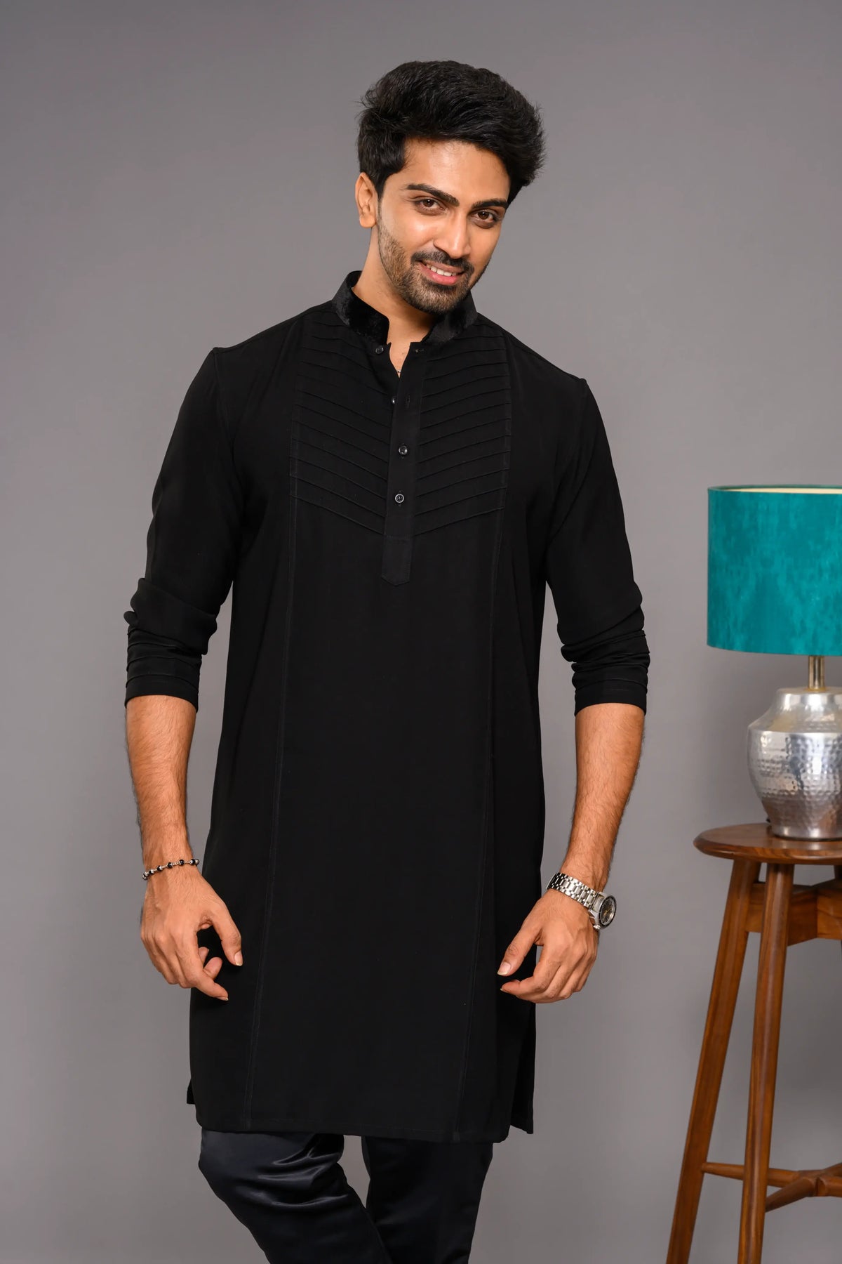 Designer Black Kurta with Self Tuck design detailed in Velvet Neck & Sleeve edge (Kurta + Narrow Pants)
